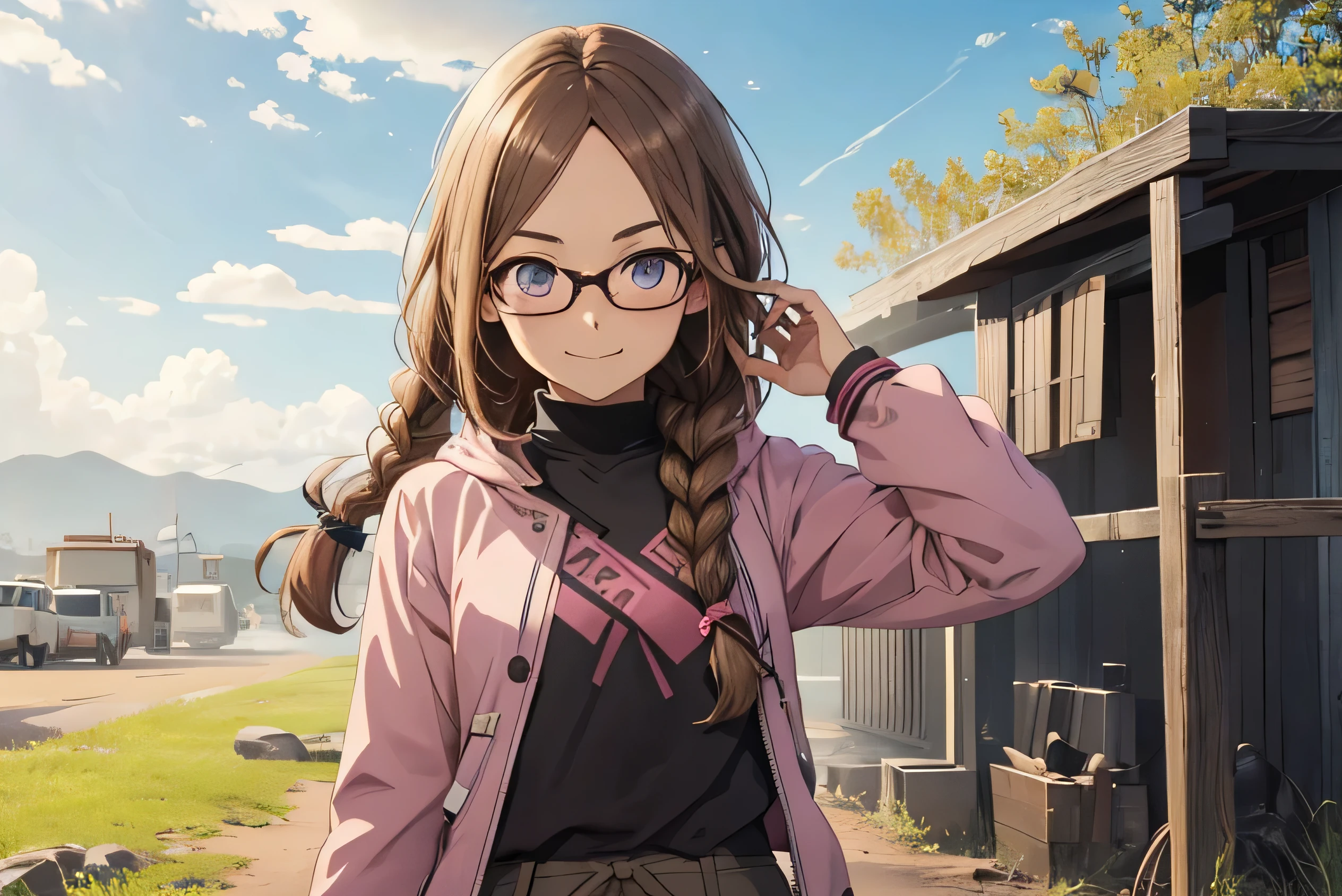 score_9, score_8_up, score_7_up, source_anime, uncensored, intricate details, high res image, masterpiece, best quality, ultra detailed eyes, BREAK 1girl, solo, ArimaAyumi, brown hair, long hair, brown eyes, glasses, braid, single braid, pink long sleeve, pink skirt, standing, kind smile, adjusting hair, outdoor, day, sky, cloud, cowboy shot