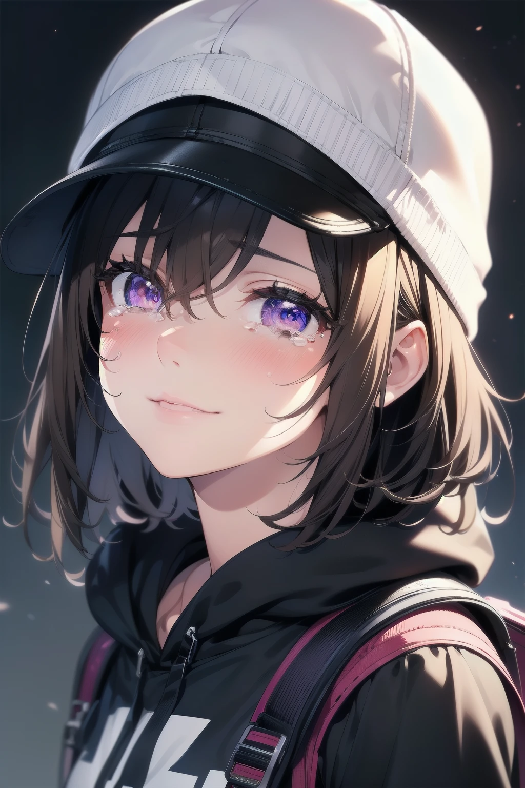 a girl with a (violet eyes) and a ((sad smile)) covered in white bandages, detailed eyes, (sad smile), wearing a baggy hoodie, ((teary eyes)), carrying a backpack and wearing a (black cap), (best quality,4k,8k,highres,masterpiece:1.2),ultra-detailed,(realistic,photorealistic,photo-realistic:1.37),detailed facial features, beautiful detailed eyes, beautiful detailed lips, extremely detailed eyes and face, long eyelashes, portrait, 1girl, short hair, brown hair, violet eyes, sad, crying, (backpack), black cap, hoodie