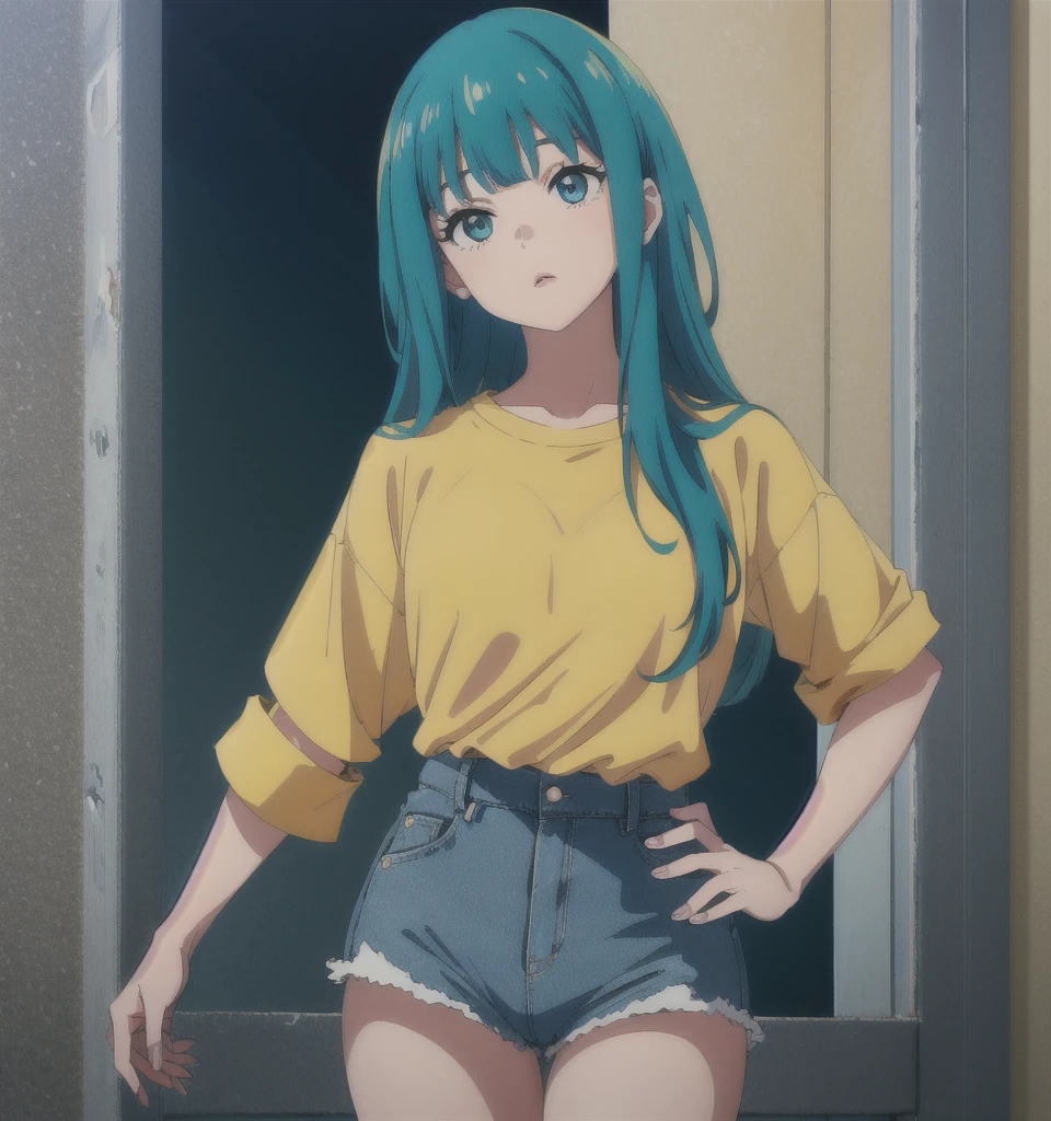 masterpiece, 1girl, green hair, blunt bangs, aqua eyes, solo, long hair, 1980s style, (anime: 0.91), yellow t-shirt, denim shorts, highres