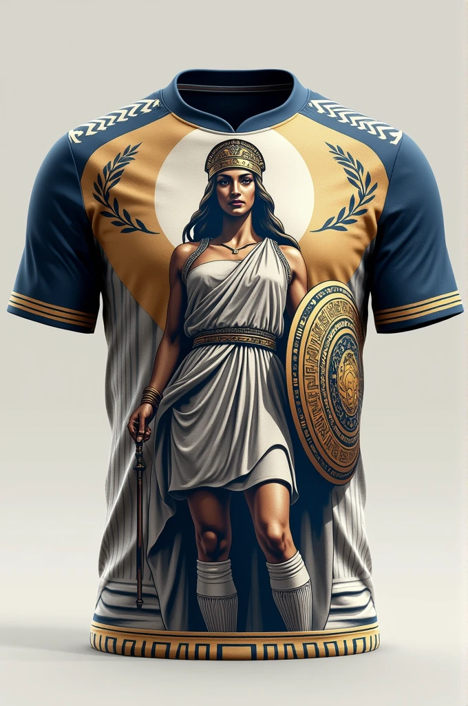 Create a soccer team jersey with blue, gold and black colors with the theme of the Greek goddess Athena 