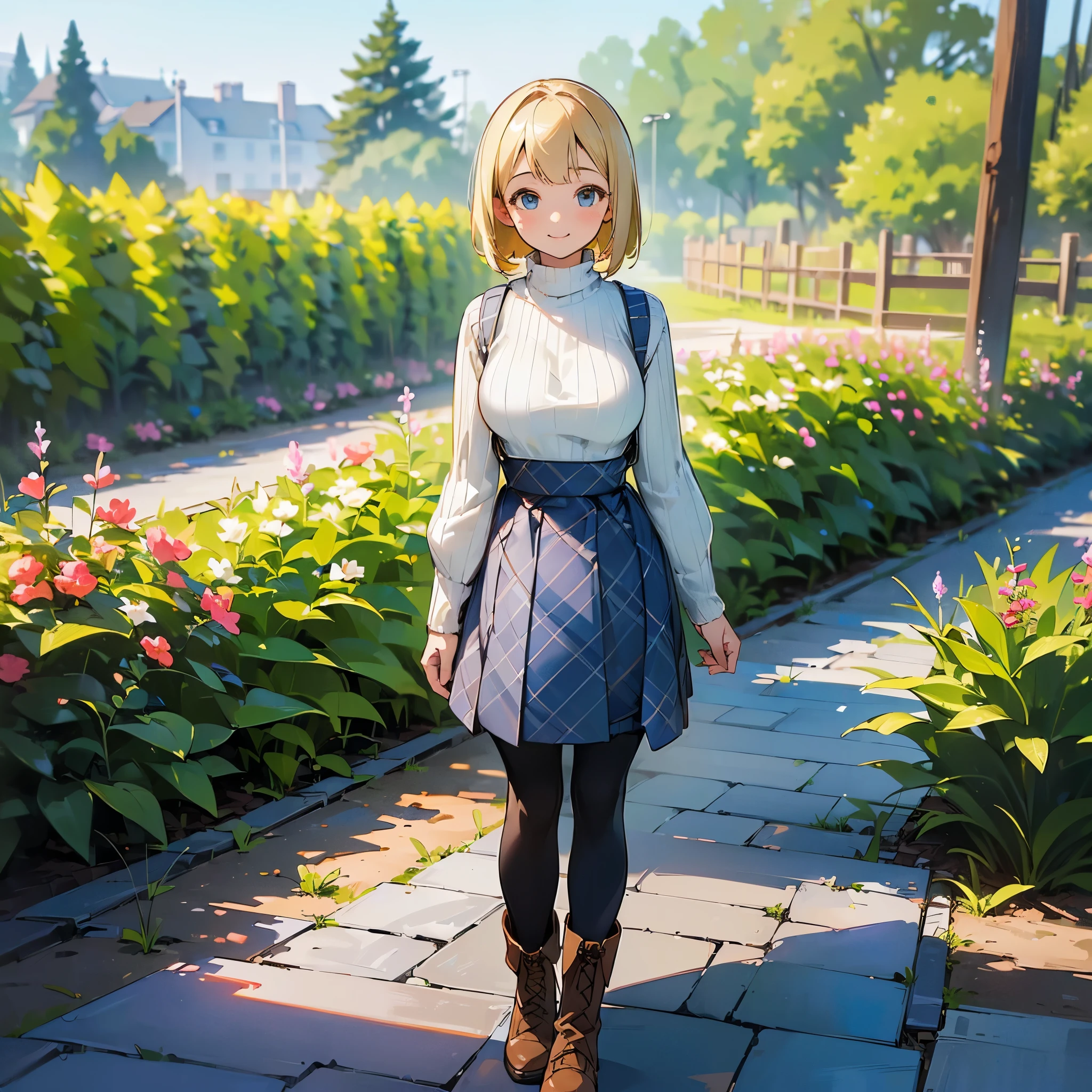 (high quality, high resolution, Super detailed, Reality:1.37), peaceful atmosphere, (outdoor, garden), Teenage girl standing alone, (My breasts are big.), Beautiful detailed features, cute smile, (blonde bob hair), ribbed sweater, blue plaid skirt, Black tights, brown boots.