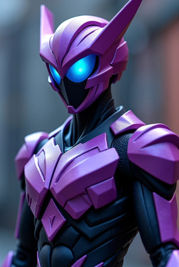 kamen rider zero one purple, sharp look head and shoulders, has triangle ?????, slim plate armored, round blue eyes smooth looking