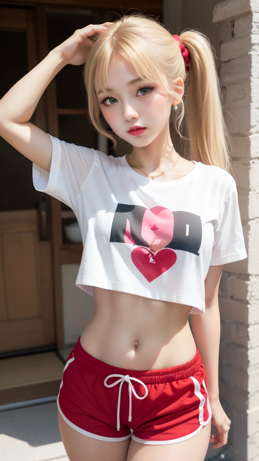 Highest pixels、Highest quality、Highest quality、masterpiece、Blonde、High ponytail、summer、Date、White shorts、Sexy、T-Shirts、smile、Beautiful legs、Big eyes、Panty shot、Real、Sharp eyes、double eyelid、Young Japanese woman