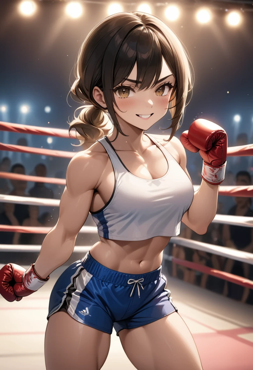 long shot, ground shot,masterpiece, best quality, 8k, highres, ultra-detailed, studio lighting, ultra-fine painting, sharp focus, bokeh, portraits,BREAK,1girl,bodybuilding shorts, ((bodybuilding shorts)),sexy body,boxing ring,angry smile,spot light,