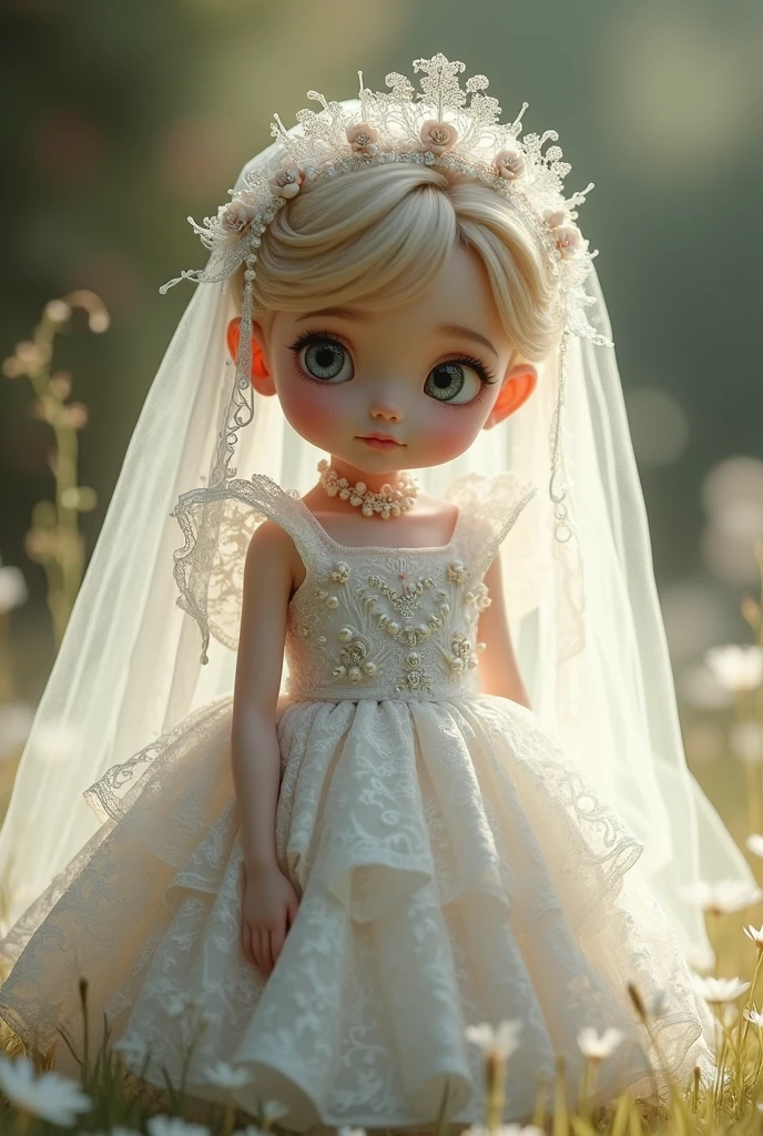 georgeous 10 year old white child girl, very very long blonde hair, bridal hair, hair in high ponytail, bangs hair, ribbons, wearing strapless bridal dress, headband, stockings, bridal veil, super realistic, lente 55 mm abertura f/1.8,with background of bedroom
