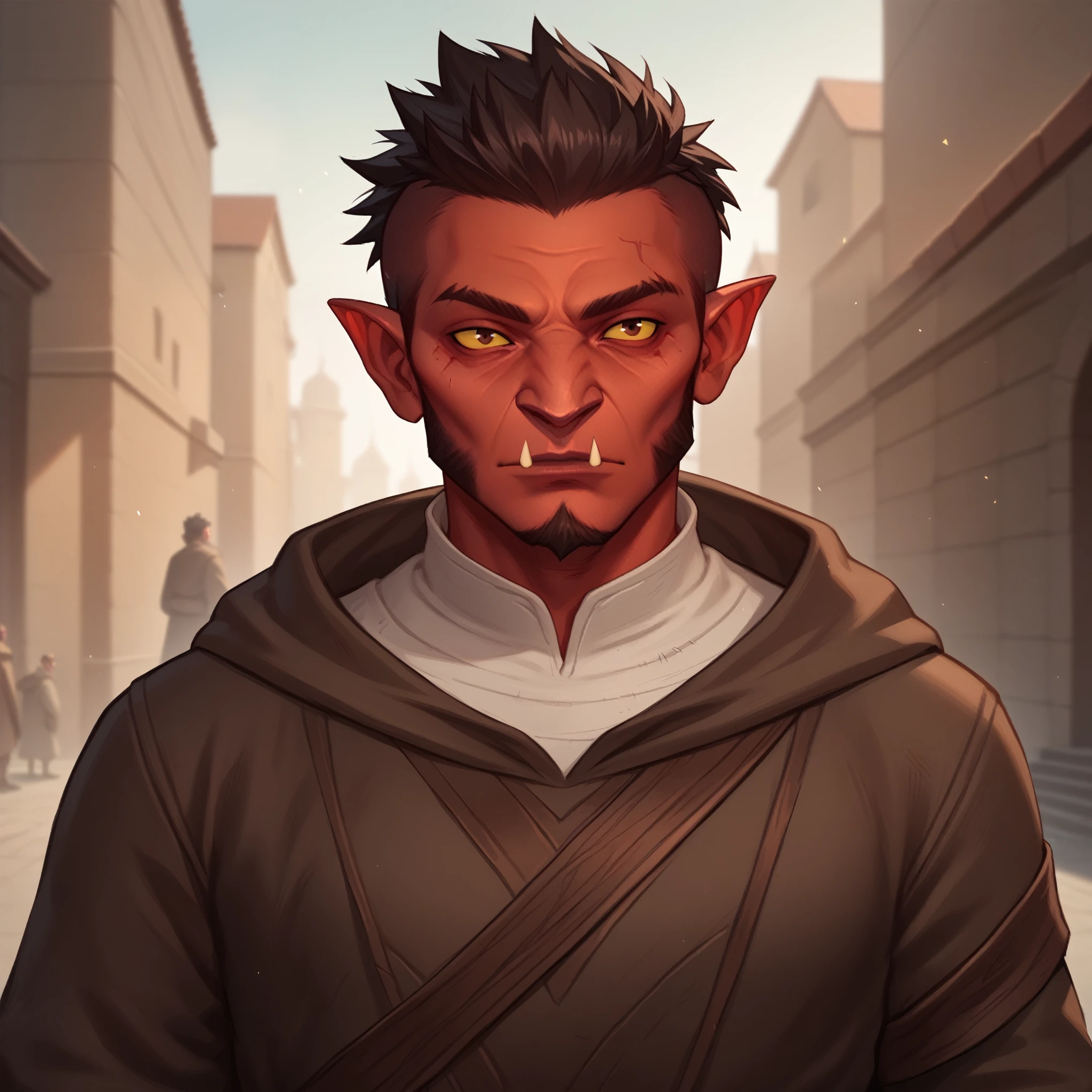 (((high quality, comics style, detailed face))), score_9, score_8_up, score_7_up, BREAK, portrait, solo, male Hobgoblin, red skin, fangs, big nose, tall, ((short gray-headed, spiked hair, square jaw, short beard, mature, 50yo)), brown monk tunic, hood on head, monk, cleric, fantasy city, blurred background, face focus, Expressiveh, detailxl