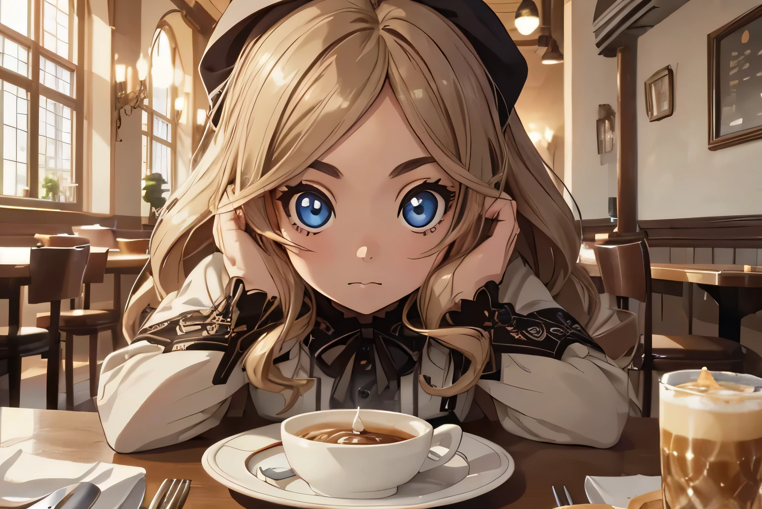 (Best Quality:1.2),1girl,Solo, (Big Eyes, beautiful detailed eyes, symmetric eyes,),Long Wavy Hair, ,sitting at a table, Cafe,Close up,POV,