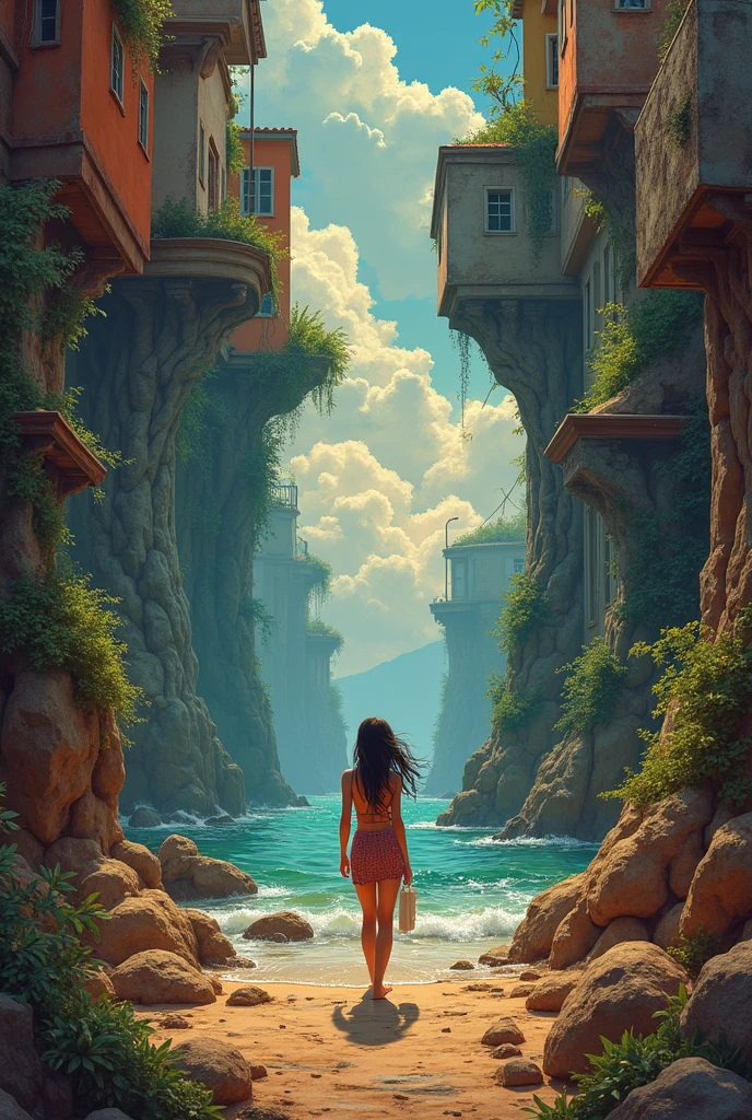 beautiful naked girl walking in the sea with knee-deep water seen from the back --auto