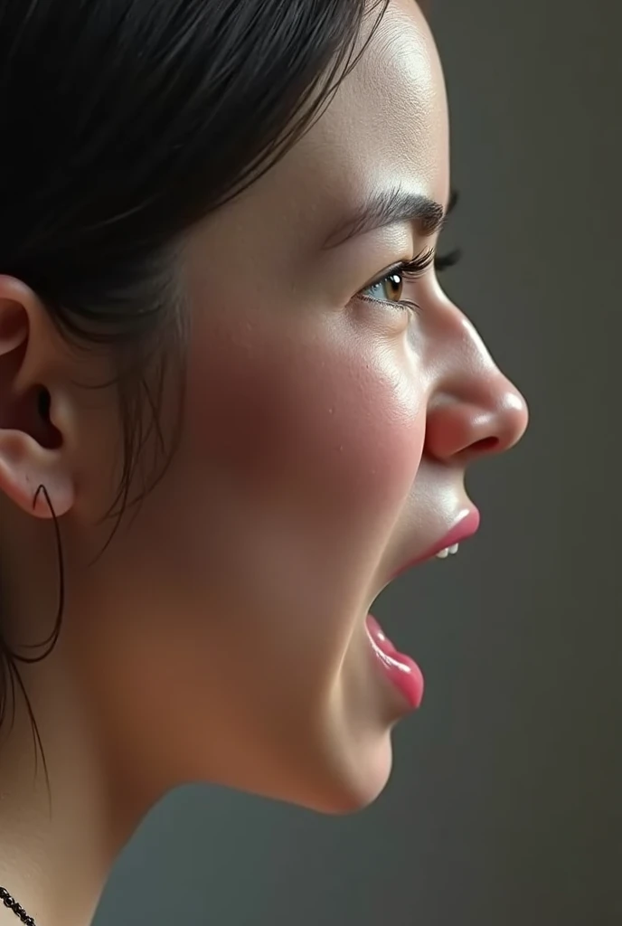 Image of one woman、close up of face、smooth skin、masterpiece、highest quality、8K photo、((Close ~ eyes))sad expression、troubled expression、Open your mouth slightly、(wrinkles at the corners of the eyes:1.1),30 year old female、Keep your face close to your audience、Wet and glowing lips、grimacing expression,#concept,teeth,expression,facial expressions,grimacing
