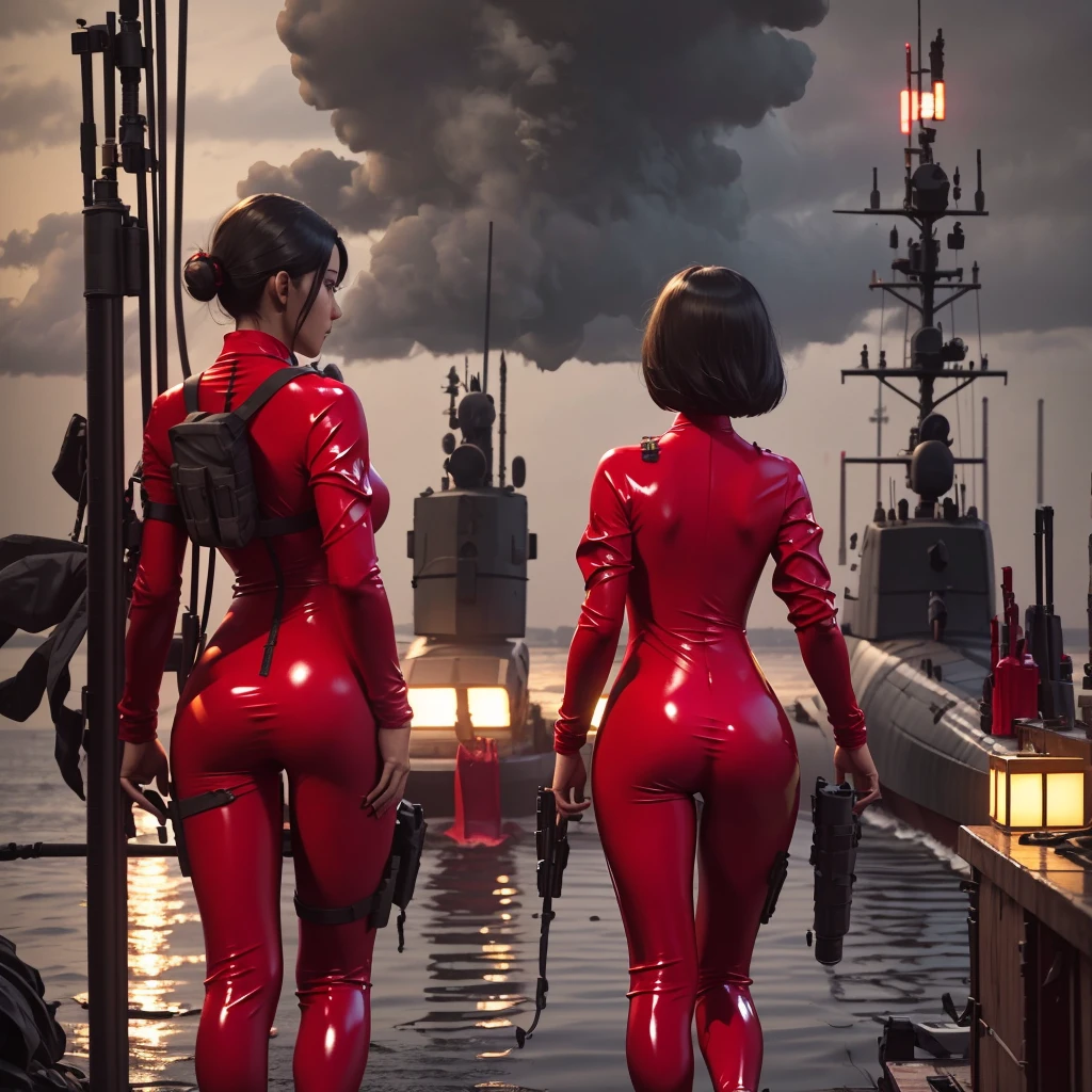 (1 girl operator wearing a red latex bodysuit and transparent rain coat) is the only main character of this scene in full body from behind, ready for assignment, beautiful body and perfect ass, the background is the exterior of a naval base during a rainy night, A detailed, realistic image of a U.S. Navy submarine preparing for a critical mission. The submarine is docked at a naval base, with crew members bustling around. The scene should show the submarine's sleek, gray hull and the surrounding naval environment, including dock facilities, military vehicles, and personnel in uniforms., Ensure the lighting reflects the tension and seriousness of a military environment. Use dim, ambient lighting for exterior scenes to create a sense of urgency., Pay attention to the details of military equipment and uniforms to ensure the scene is realistic and accurate. clouds, rain, (masterpiece, best quality, unreal engine, 4K, artwork) scene style like intro in Crimson Tide movie, cinematic and dramatic,