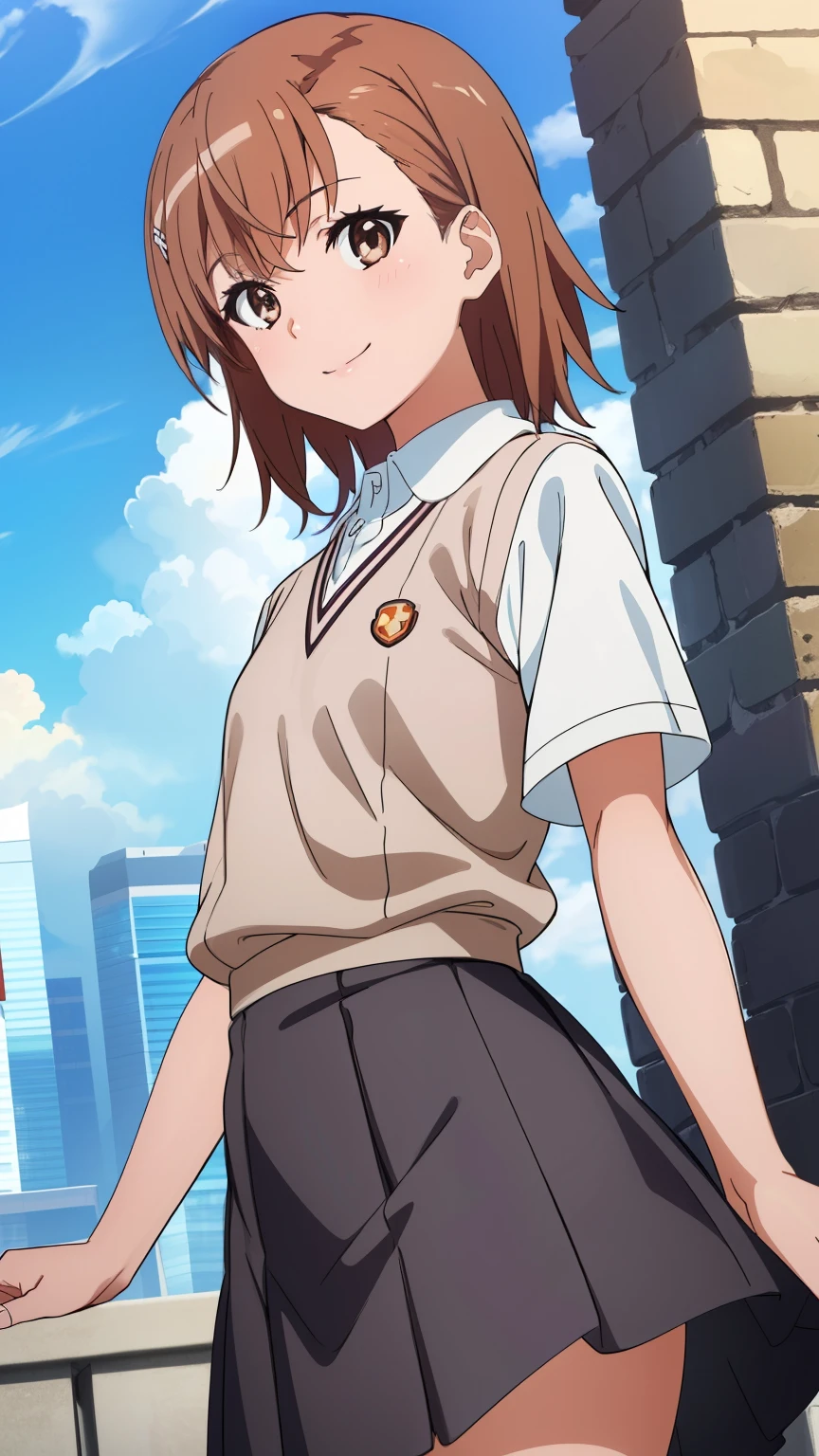 (masterpiece, best quality, high resolution, 8k:1.2), (anime coloring:1.2), highly detailed, beautiful eyes, perfect eyes, fine eyes, brown eyes, featuring big highlights, detailed face, highly detailed, fine eyes, symmetrical eyes, one girl, alone, Misaka Mikoto, brown hair, short hair, hairpin, (small chest), (tokiwadai school uniform, city, blue sky, smile), looking at the viewer, in the center of the image, (beautiful_chest:1.1), (beautiful_face:1.2), (beautiful_waist:1.2), cowboy shot, dutch angle,