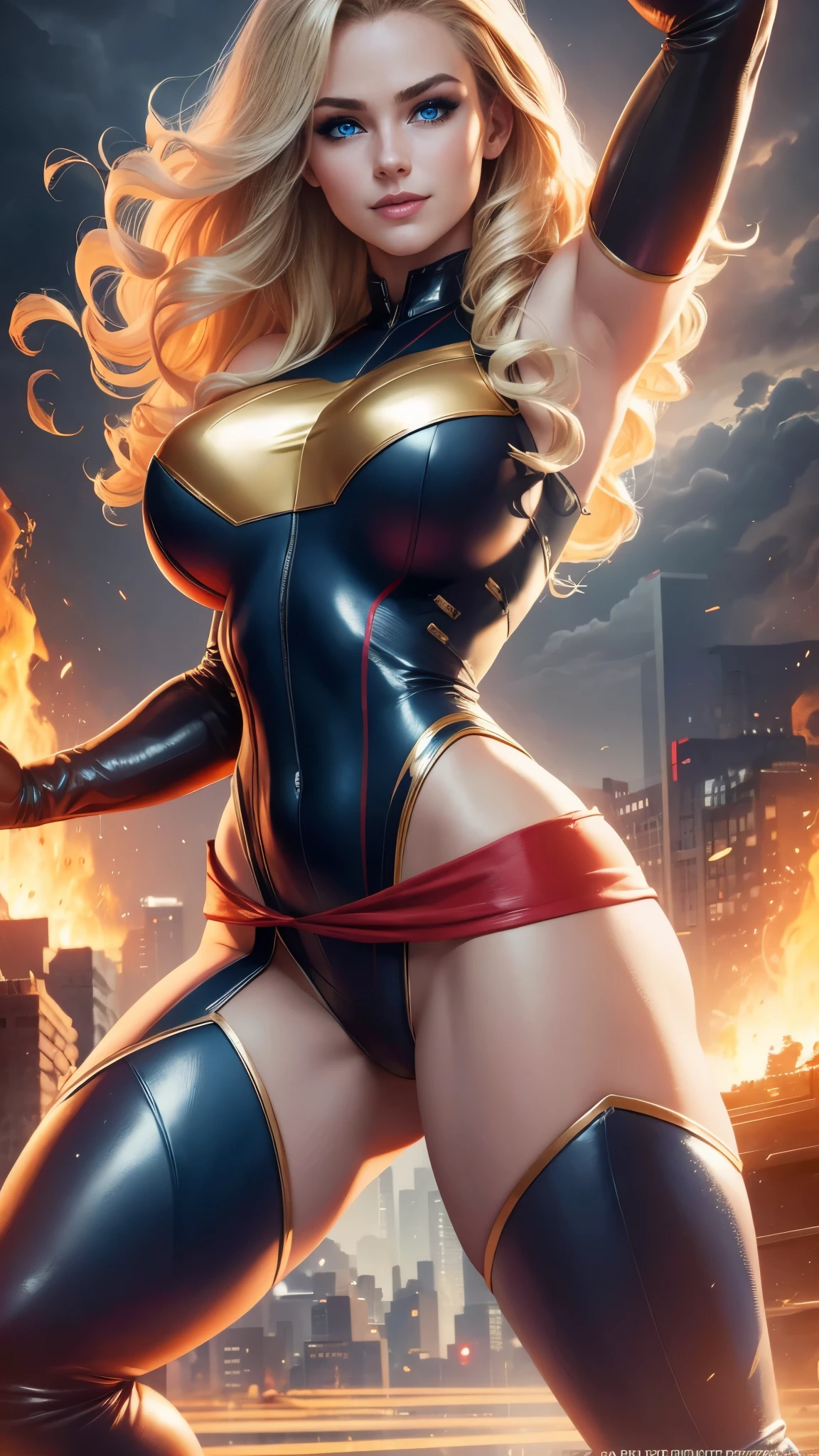 Carol Danvers da Marvel,(best qualityer,4K,8k,high resolution,work of art:1.2)(weather: cloudy), new york background, city ruins, wide hips, long curly hair, blonde hair, sleeveless leotard, arm long gloves , red belt, thigh high boots, light makeup, heroic pose, ultra detailed,portrait,realistic,beautiful detailed blue eyes, beautiful detailed lips,extremely detailed eye and face, long eyelashes,average, large breasts,flying hair,beaming smile, sexy smile,powerful girl in combat, bright coloured, dramatic lighting, muddy body, smoke,