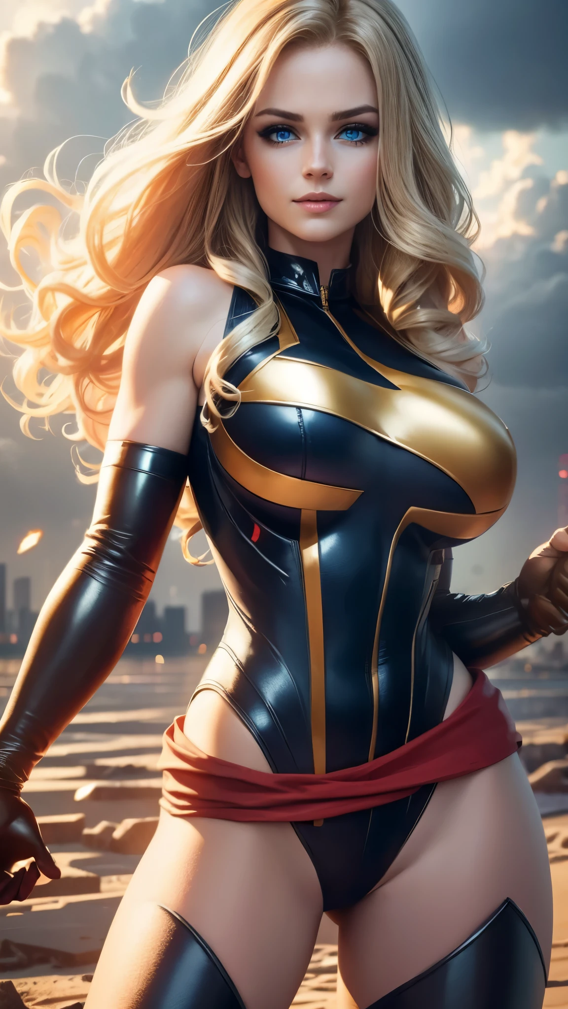 Carol Danvers da Marvel,(best qualityer,4K,8k,high resolution,work of art:1.2)(weather: cloudy), new york background, city ruins, wide hips, long curly hair, blonde hair, sleeveless leotard, arm long gloves , red belt, thigh high boots, light makeup, heroic pose, ultra detailed,portrait,realistic,beautiful detailed blue eyes, beautiful detailed lips,extremely detailed eye and face, long eyelashes,average, large breasts,flying hair,beaming smile, sexy smile,powerful girl in combat, bright coloured, dramatic lighting, muddy body, smoke,