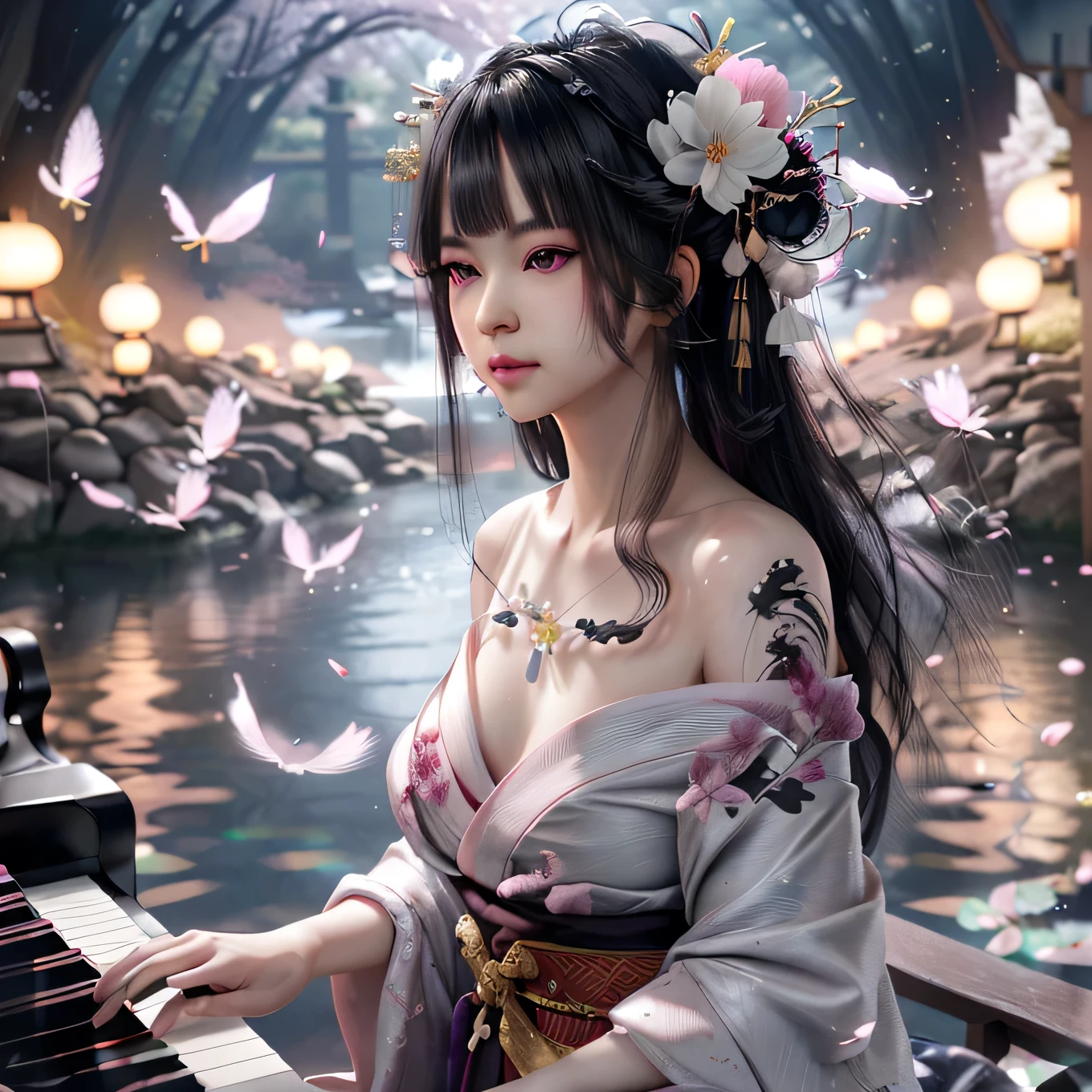 Hyperrealistic watercolor pain，f2，playing piano,  of a beautifdetailed，full body, short skirt，Japanese silk kimono，beautiful dance，Beautiful 1，extremely detailed eyes，Extremely meticulous black hair，meticulous、symmetry、Realistick faces and bodies，Extremely meticulous natural texture，beautiful dance，Under the cherry blossoms，petals and pink wind blowing，Art author：phlegm more phlegm more, phlegm，author：Greg Rutkowski and Alphonse Mucha，（（phlegm more phlegm more, phlegm）），in photo frame，film post-processing，movie like scene，Film composition，light，16k，Surreal，Ray tracing，overexposed，Photographed by Sony α7 III.，f2，