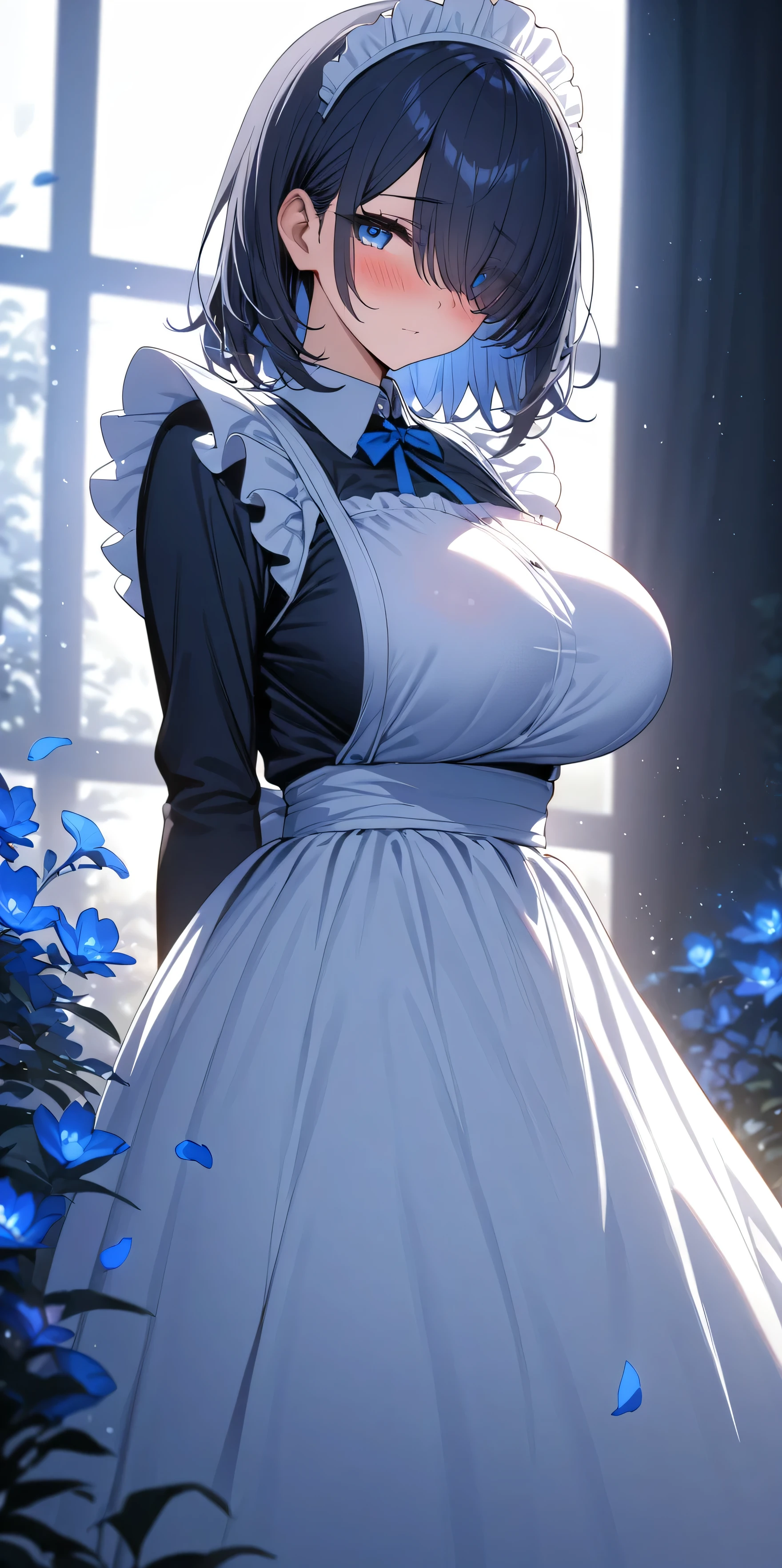 (masterpiece, Highest quality:1.2), 1girl, Black medium hair, (maid dress), growing light, ((blue eyes)), ((big breast)), light particles, long bangs, bangs, high detail, glowing light, bloom, standing, ((hair over eyes)), eyes visible through hair, back light, natural light, blush, mature, long sleeves, white background, blue petals