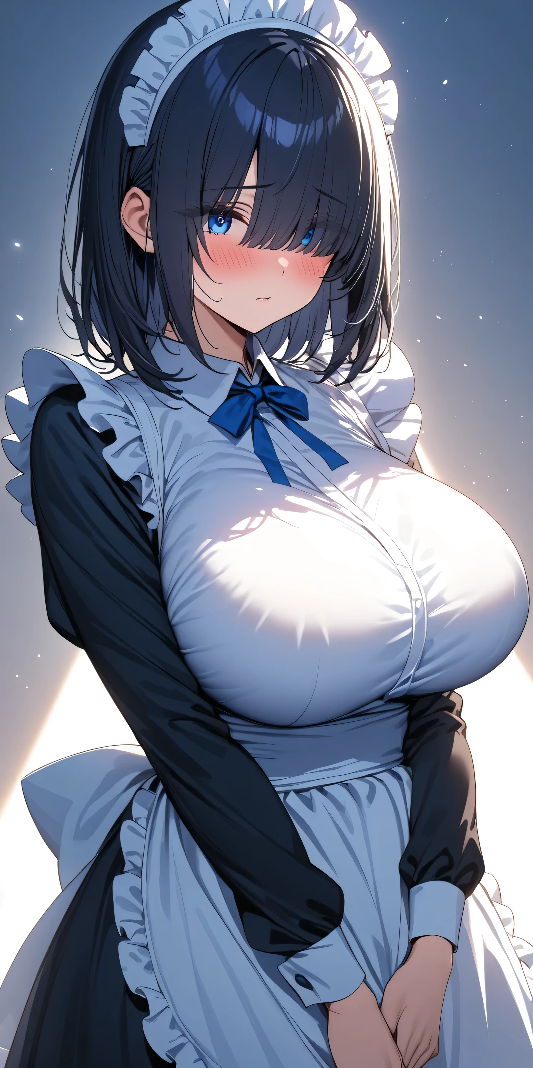 (masterpiece, Highest quality:1.2), 1girl, Black medium hair, (maid dress), growing light, ((blue eyes)), ((big breast)), light particles, long bangs, bangs, high detail, glowing light, bloom, standing, ((hair over eyes)), eyes visible through hair, back light, natural light, blush, mature, long sleeves, white background, blue petals