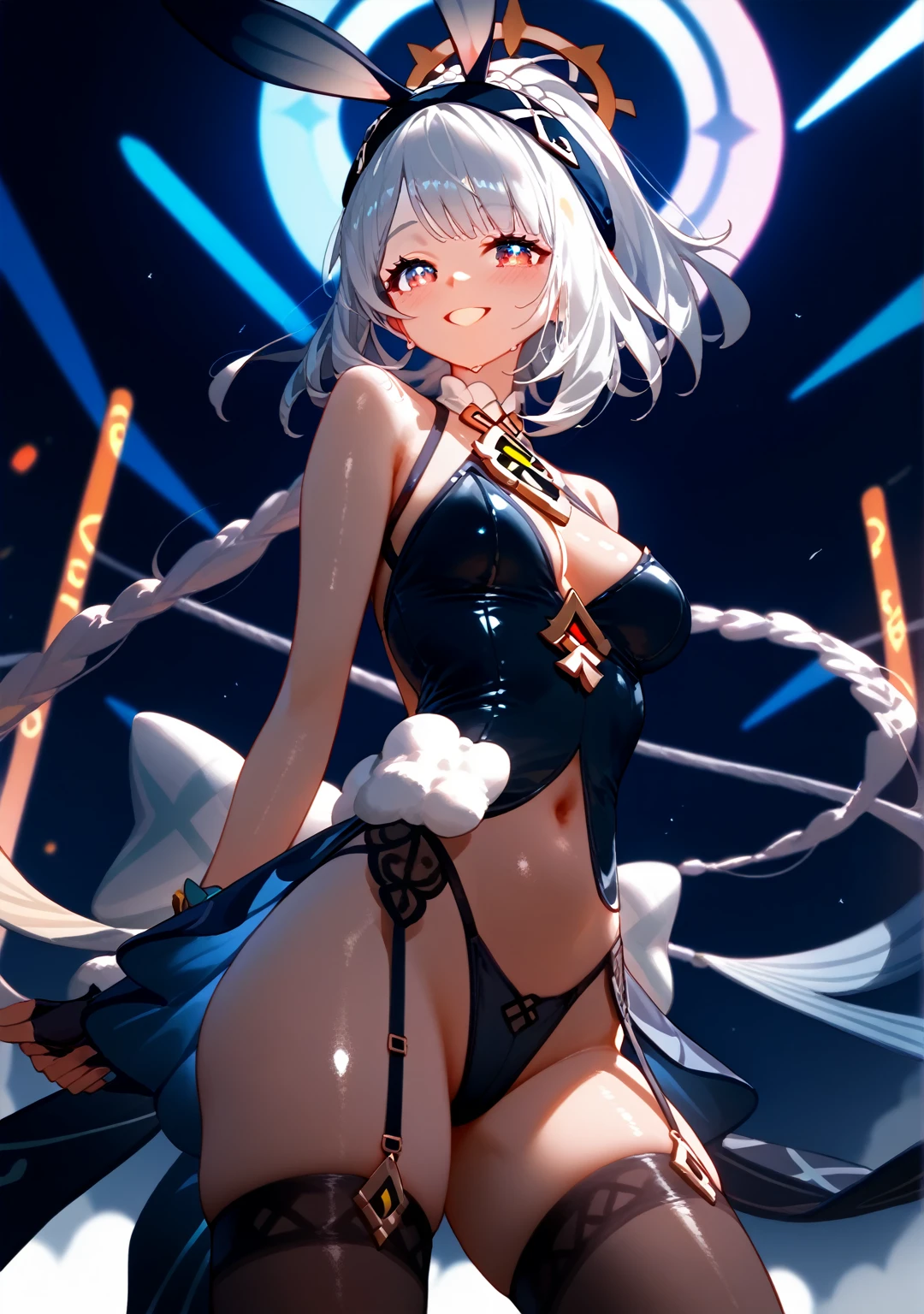 Highest quality, Highest quality, High quality illustrations, masterpiece, Ultra-high resolution, Detailed Background, Absurd, Perfect Anatomy, performance, Good lighting, Shadows in the movies, 1 girl, solo, mualani_\(genshin_impact\), alternate costume, medium breasts, sexy bunny suit, tight latex clothing, happy, joyful, (blush), smile, standing, standing up, standing erect position, viewing from under the legs, ass, sexy ass, neon lights, thong, lace stockings, garters, wet, rabbit ears headband, bewitching thighs, gleaming, shiny skin, shiny, two beautiful legs