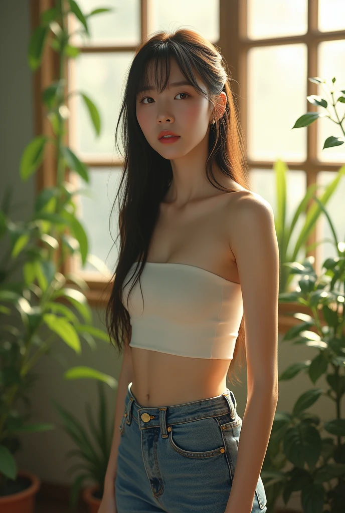 (photorealism:1.2), beautiful 2  korean  woman, stand by plant, wearing white tube_top, jean pants, long straight hair, indoors, soft lighting, plants in background, window with sunlight, cozy room, relaxed pose, realistic, intricate details, cool colors, by Greg Rutkowski, by Alphonse Mucha