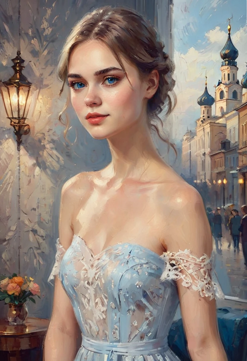 (realistic illustration),(full body:1.4).cute 22yo Russian woman with light brown hair, blue eyes, ((very pale:1.3))complexion. (short), slim, small breasts. elegant sheer lace dress, high heels, smoky eye, mascara, ponytail.