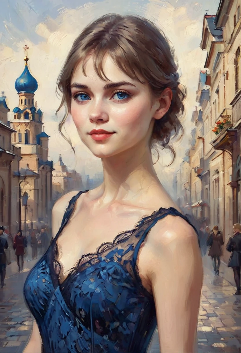 (realistic illustration),(full body:1.4).cute 22yo Russian woman with light brown hair, blue eyes, ((very pale:1.3))complexion. (short), slim, small breasts. elegant sheer lace dress, high heels, smoky eye, mascara, ponytail.