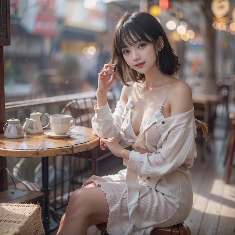 Show me a woman who will surprise everyone.、talking in cafe while drinking coffee、（Antique cafe with a retro atmosphere）、Tight fitting pale color dress without bra, with seer white shawl on it、The collar should be a little more open, the cleavage and areola exposed、((leaning forward)), pixie fluffy hair、Has a very happy face、Looking straight ahead with a bright smile、Arms crossed、lips slightly pointed.、Bangs slightly messed up by the wind、Face Up Shot、Soft Backlight、no bra, nipple slip,  nsfw