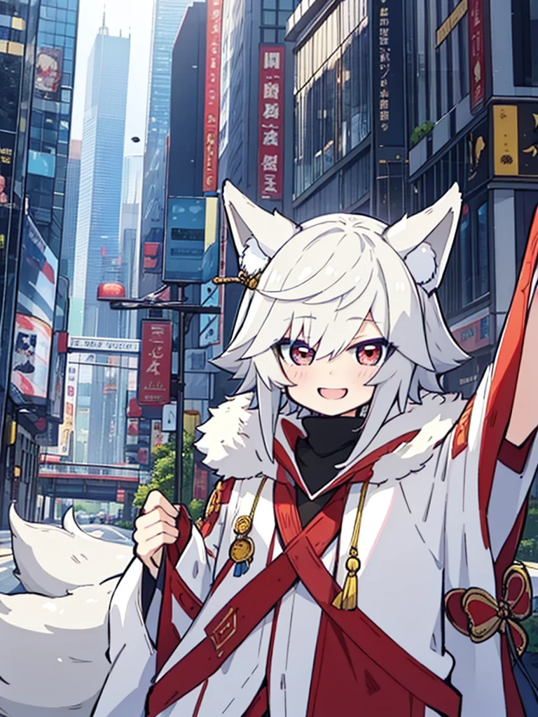 Young man, fox ears, white hair, anime style, funny smile, mischievous look, 9-tailed white fox, modern times, city background, looking at viewer, masterpiece, College student, cute young man, furry tail, fluffy, vital energy.