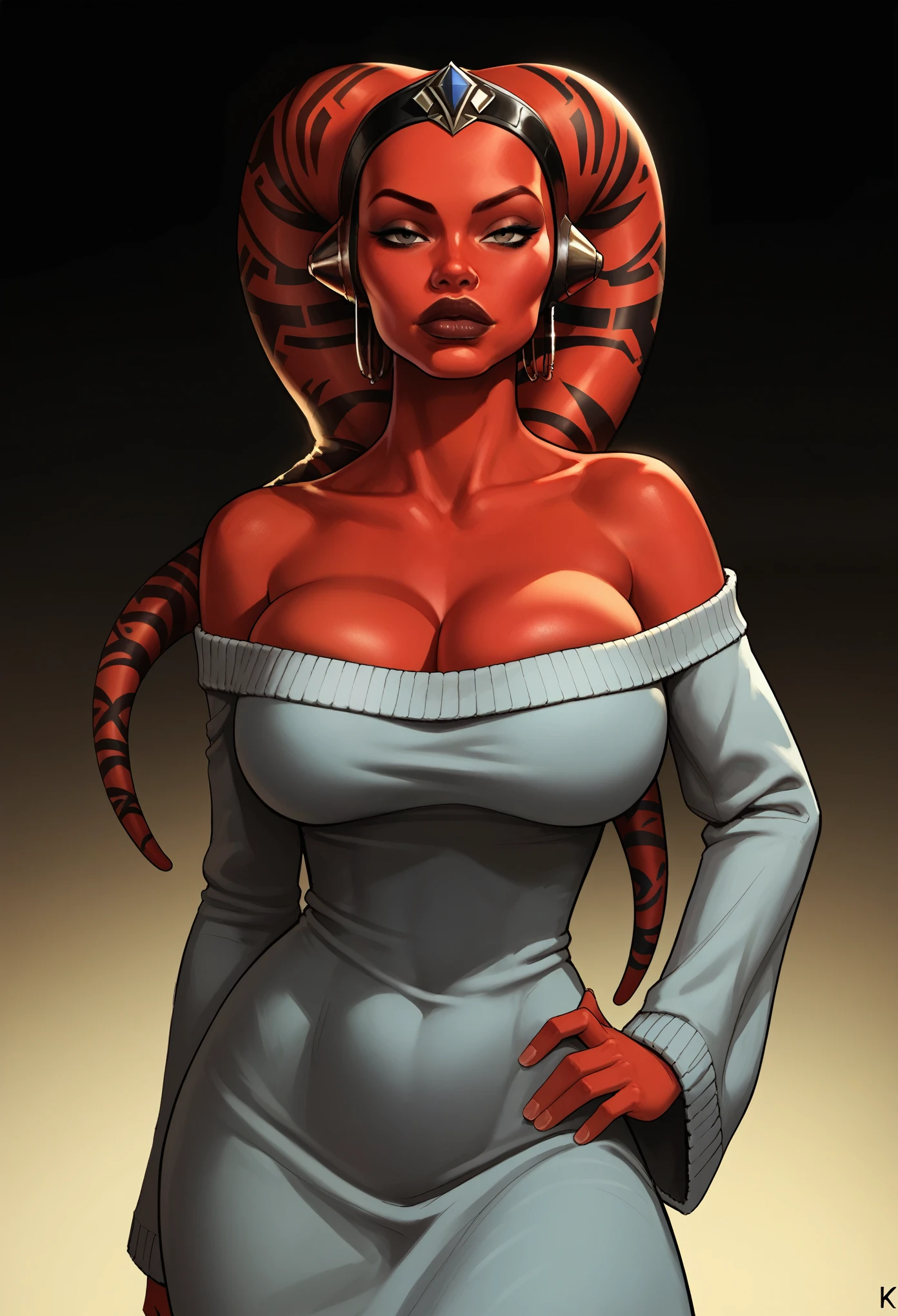 (best quality, masterpiece, highly detailed), 1girl, (red skin), sexy busty Twi'lek, sharp facial features, big dark lips, looking at viewer, knit tube dress, oversized off-shoulder sweater, long loose sleeves, black headband, long black socks, Star Wars, lekku stripes, large breasts, hand on hip, raised eyebrow, massive cleavage, squeezed breasts, tall, toned, athletic, strong, slender.  In a futuristic apartment.