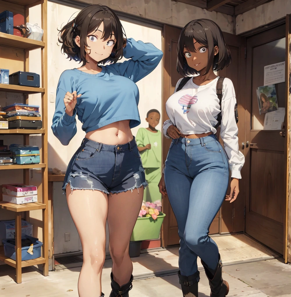 4 female, afro hair, black afro hair black girl afro hair, darker skin, brown skin, huge breast, thick legs, light blue eyes, pink sweater, blue jean, long jean, belly button long shirt, boots, home, bedroom, happy face, hip hop CD, hip hop stuff, disc, dancing
