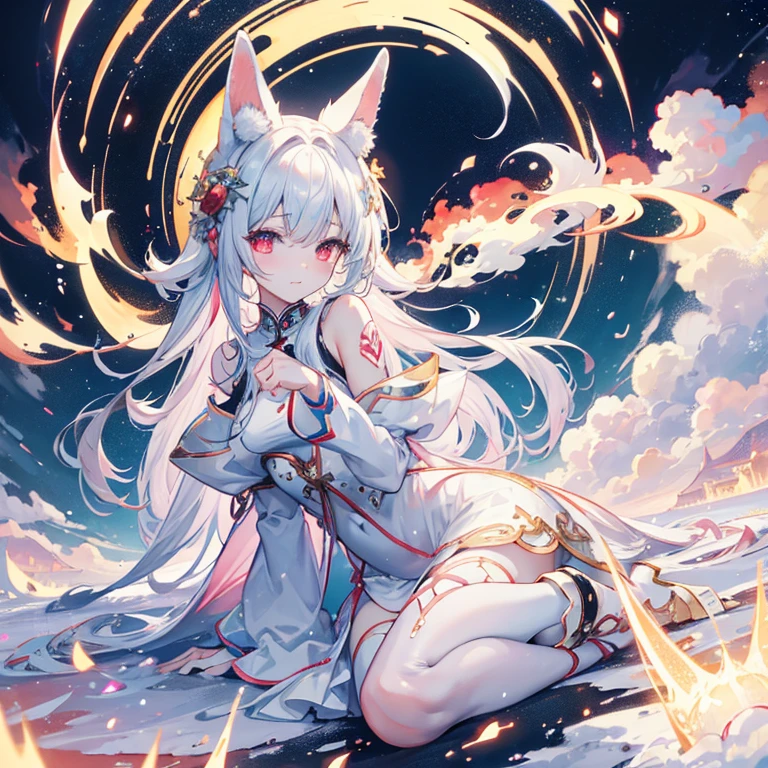 a girl, youkai fox girl, white hair, sideburns with ribbons, long sideburns, colorful eyes, luminous earrings, devilish smile, white hair, (((sitting on a rock, with only one foot on top, and winds blowing her hair and her clothes))), full body, naughty, {extremely detailed 16k CG unit wallpaper}, expansive landscape photography, (a low view with focus on the scenery), (wide view of open field), (shot in low angle), (high light: 1.2), (low light: 1.2), (warm light source: 1.2), complex details, (iridescent colors: 1.5), (bright lighting), (atmospheric lighting), dreamy, unique