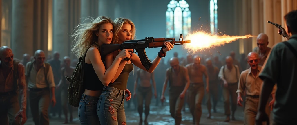 Zombies apocalypse, undead girls, (best quality:1.4), apocalyptic zone, gorgeous body, best quality, chopped clothes, (ultra detail), blonde hair, full body, stand up like a Zombies