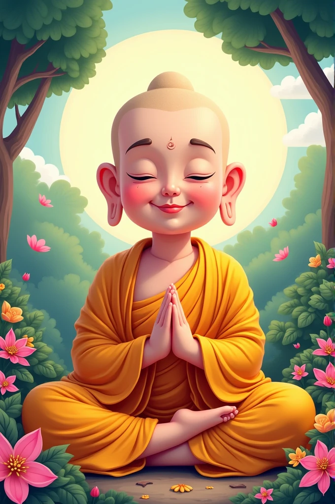 Illustration of a cute, 2 to 3 head-sized Buddha statue.