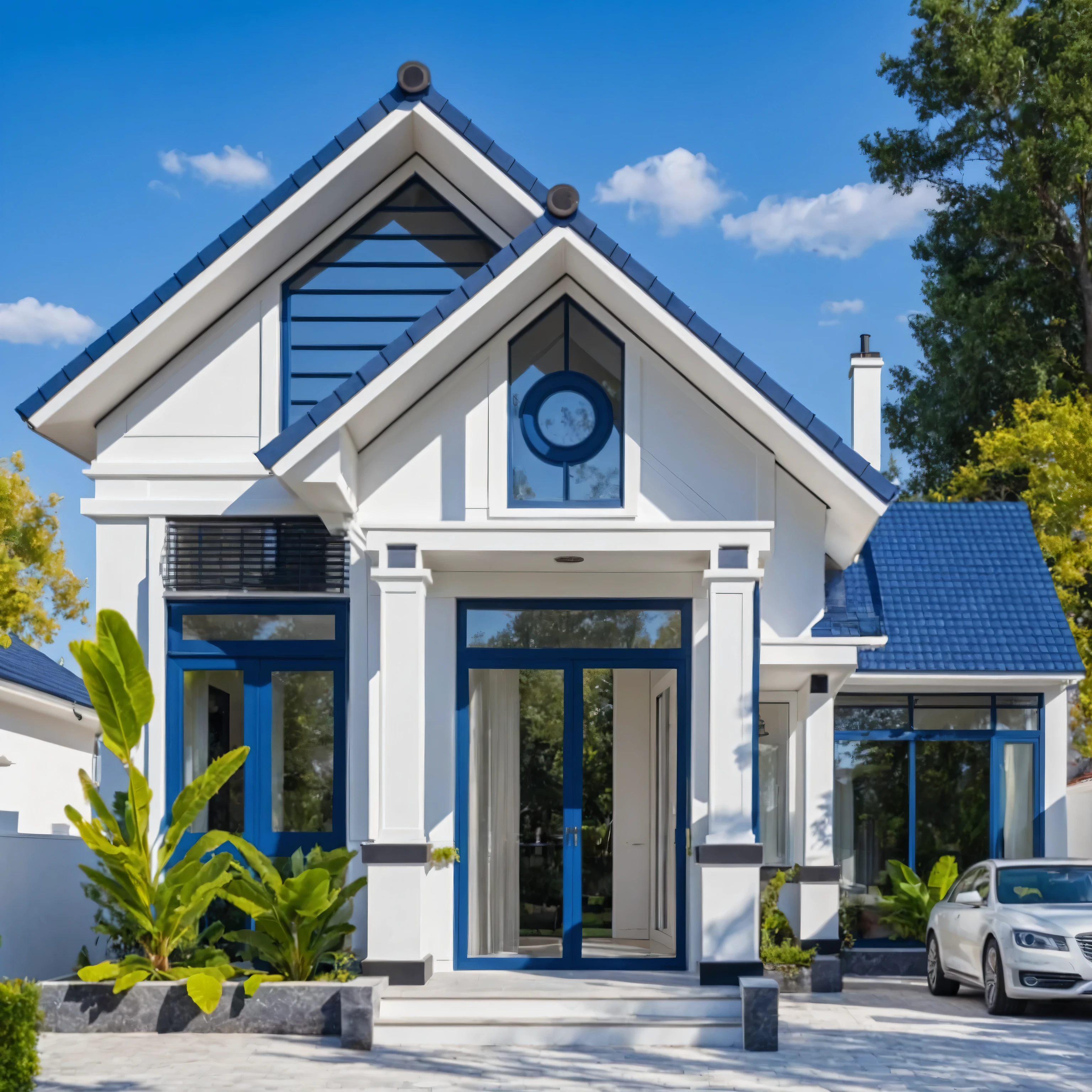 (masterpiece:1.2), best quality, photo of A two-story modern house with white walls and dark blue tiles on the roof., tree and plant, streetcapes, natural light, vivid color, The exterior of an elegant single family home features large windows, a dark gray door frame.