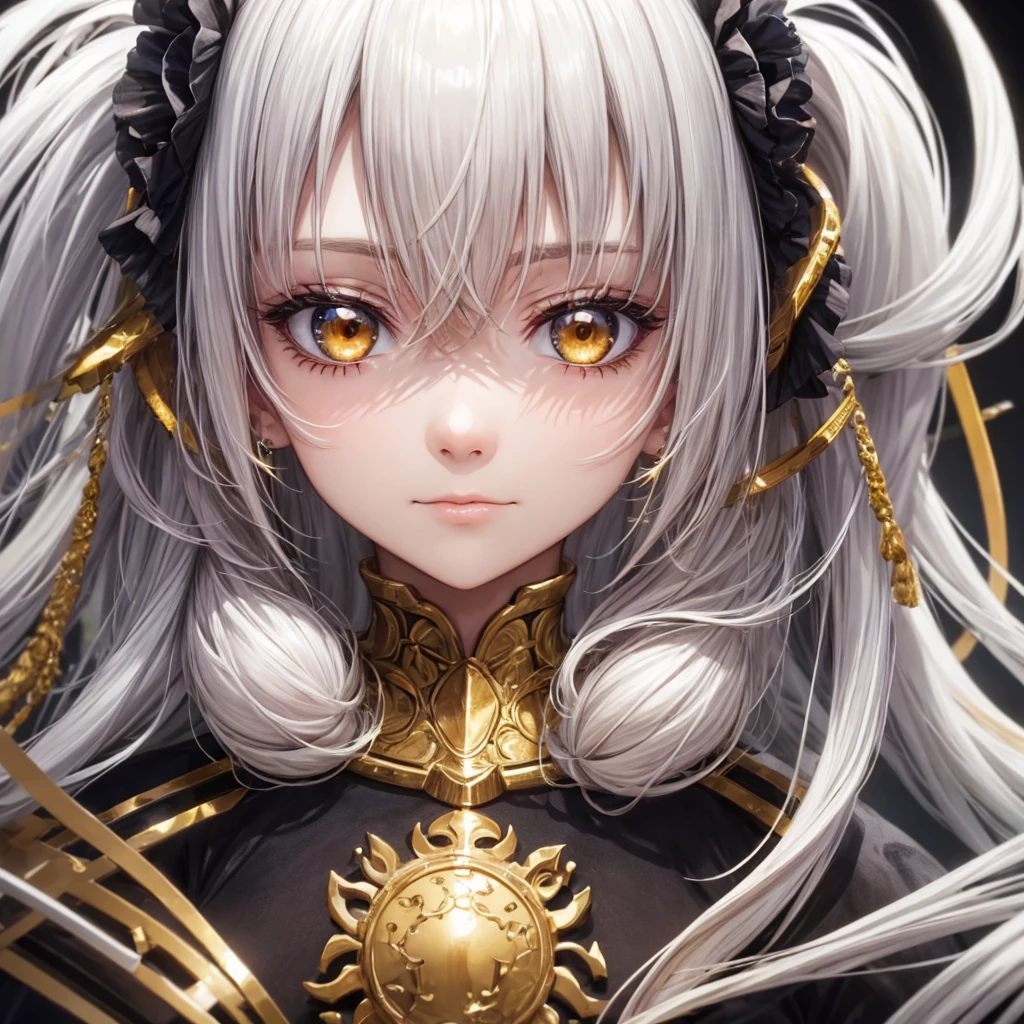 mksks-style, 1 Girl, Lovely, Surrounded by lights, Golden Eyes, White hair, Black background, close up, No smile, masterpiece, Extremely detailed