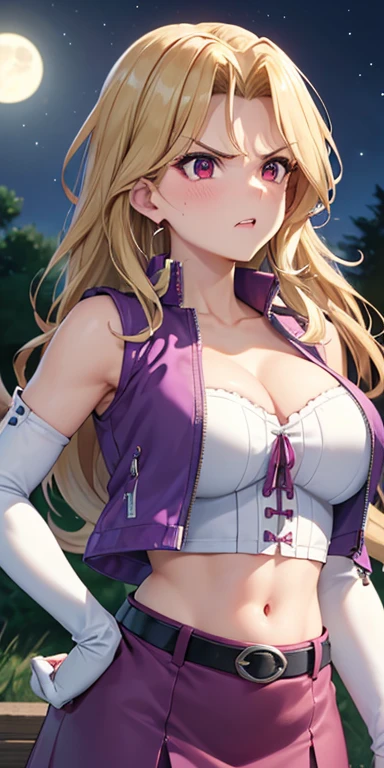 1 Female,High definition,high resolution,Ultra-realistic,8K, kujaku mai, blonde hair, red eyes, breasts, blush, purple skirt,tight skirt, miniskirt, long hair, large breasts, elbow gloves, white gloves, navel, cleavage, detached sleeves, midriff, belt, vest, crop top, bustier,European,sexy,Upper body close-up,Photographed from the front,Dynamic Angles,blush, medium tits,((upper body)),(angry:1.3), moonlight ,dark sky,forest