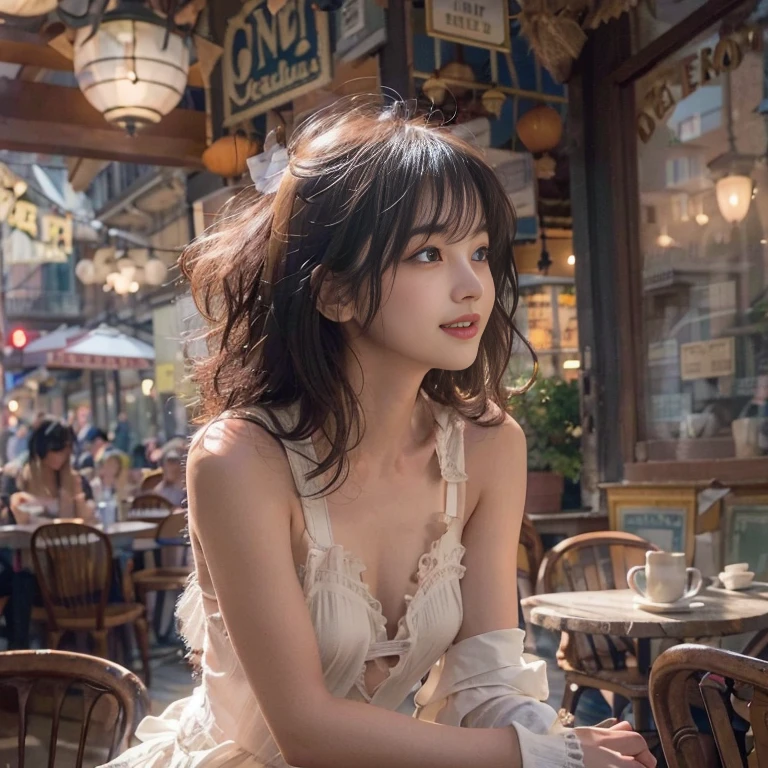 Show me a woman who will surprise everyone.、In New Orleans bourbon street,  talking in cafe while drinking coffee、（Antique cafe with a retro atmosphere）、Tight fitting pale color dress without bra, with seer white shawl on it、The collar should be a little more open, the cleavage and areola exposed、((leaning forward)), pixie fluffy hair、Has a very happy face、Looking straight ahead with a bright smile、Arms crossed、lips slightly pointed.、Bangs slightly messed up by the wind、Face Up Shot、Soft Backlight、no bra, nipple slip,  nsfw