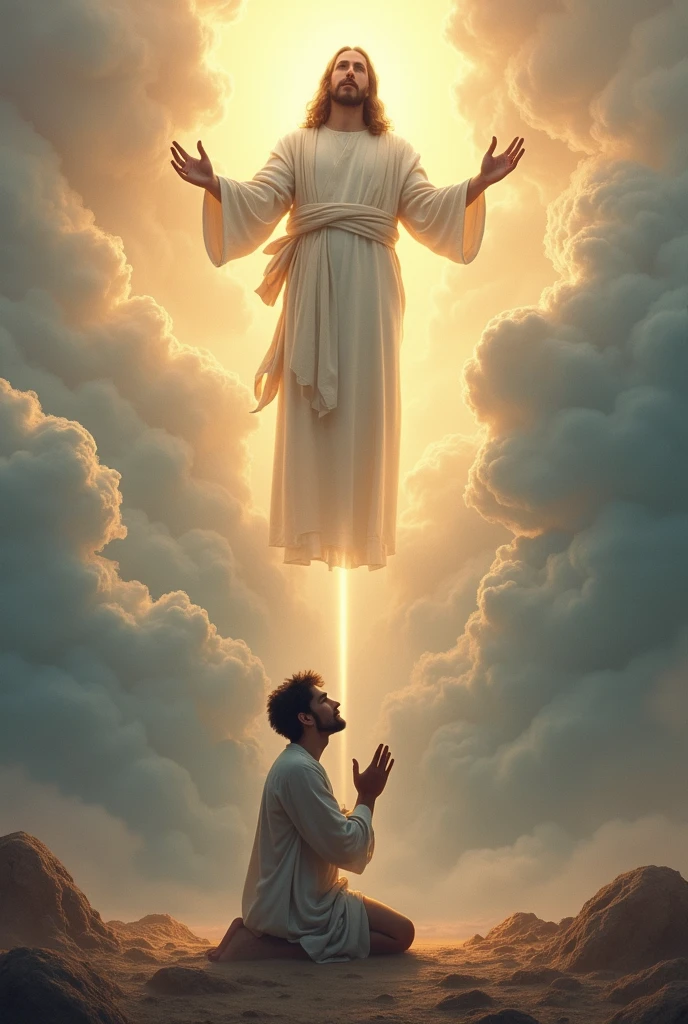 (photorealism:1.2), handsome and hunk Jesus Christ, kneel and kissing the foot of virgin Mary floating from the heaven that sorrounded of many clouds, wearing and cover his body of the elegant maroon gown of the king sorrounded of many diamonds with light in his head and heart spreading all over, the eyes is close while praying, complete five finger, real feet, real beautiful hair, real image, heaven outdoors, bright lighting, clouds in background, beautiful light, real heaven and clouds, relaxed pose, realistic, intricate details, bright colors,