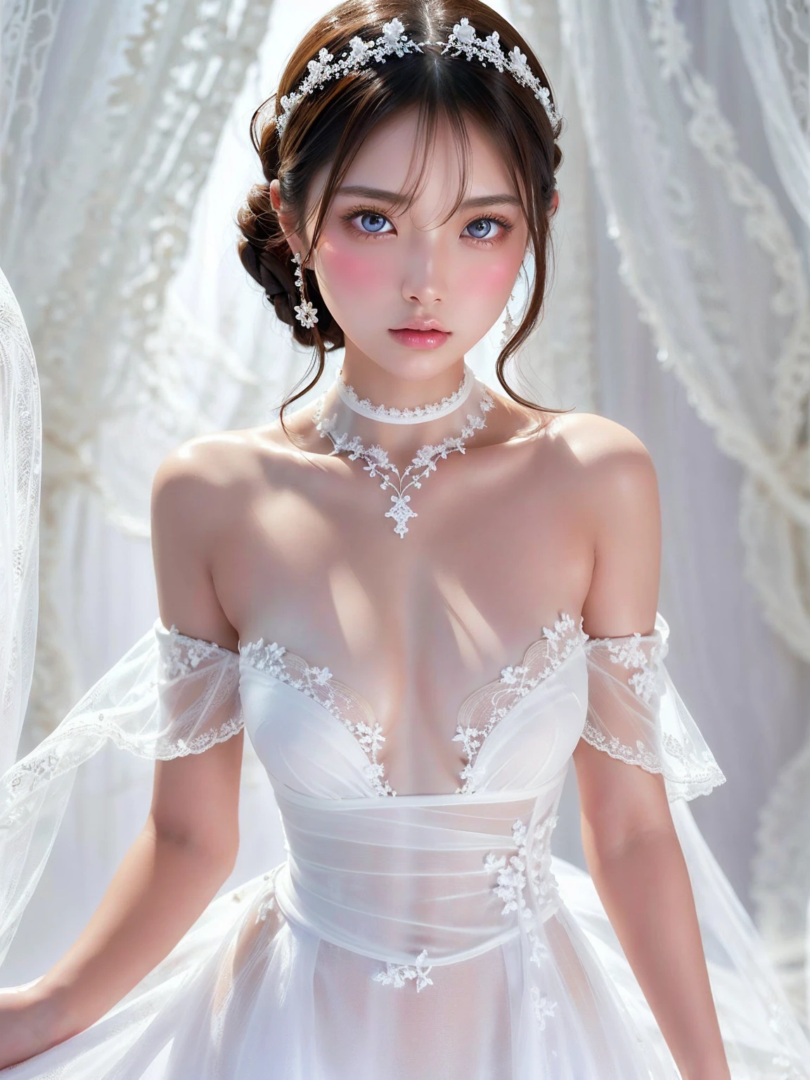 8k,Confused, High resolution, Very detailed, 1 girl, Alone, Very beautiful eyes, Ultra-precise depiction, Artistic、Very detailed depiction, ([    "Intertwined:1.2), , (White high key background:1.5), (((White off-the-shoulder dress 1.5))), 、 Short Hair、Earrings and Necklaces、Brown Hair, (Glowing Skin), Mr.々Color, , (Shooting from above:1.2),、Flat Body、slim、cute、、Round face、Cast a Shadow、、.3、(((Excessive skin exposure 1.2、See-through)))、Beautiful Skin、White skin、(((A dreamy look、I love you so much1.5)))