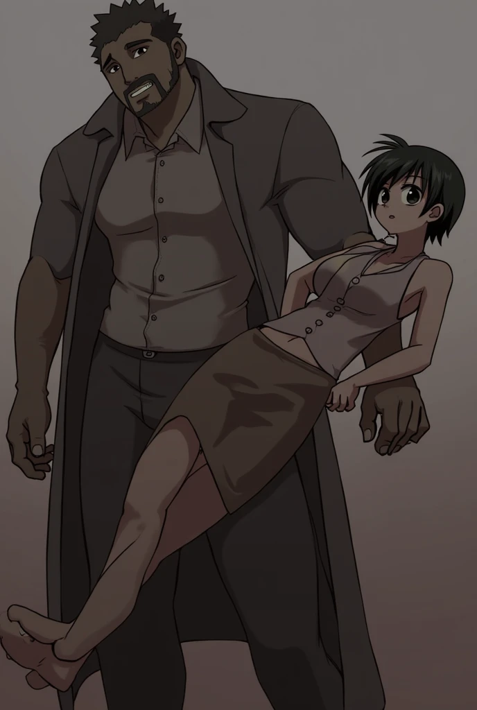 source_anime,score_9,score_8_up,1girl,solo,outdoors,revy, black lagoon, reverse rape, 1boy, shota, fellatio, forced sex, rape, submissive male, side view, dark skinned male, dominant female, femdom, teen boy, teenage boy, young boy, the boy is standing, boy standing, revy kneeling, hetro, heterosexual, dark skinned male 