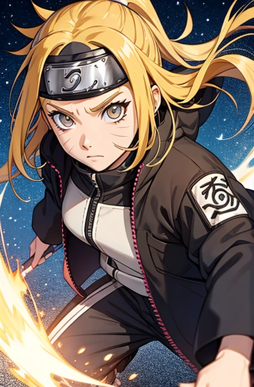 Ino Yanamaka is in flight, protecting Naruto from flying arrows with his body.