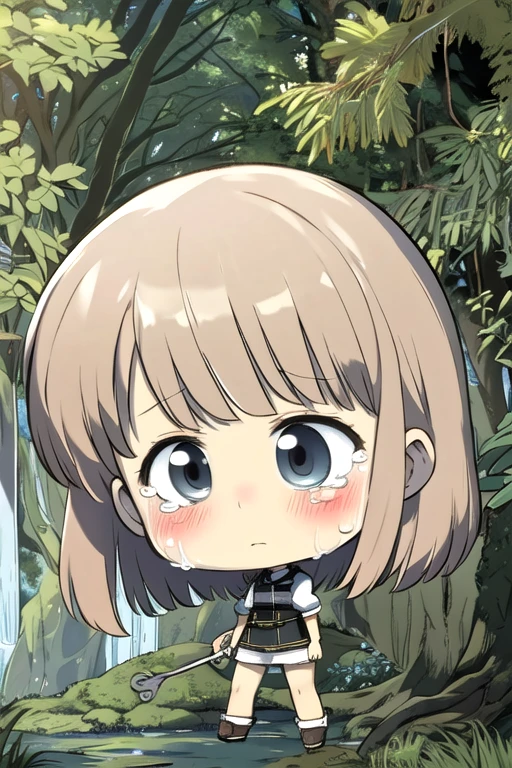 ultra detailed, sharp focus, The best quality, masterpiece, showy, dim lighting, REIGEliseDef Wrench, Chibi, very young girl, sad face, crying, session ((forest background)), The best quality, masterpiece, Intricate details, full body photo