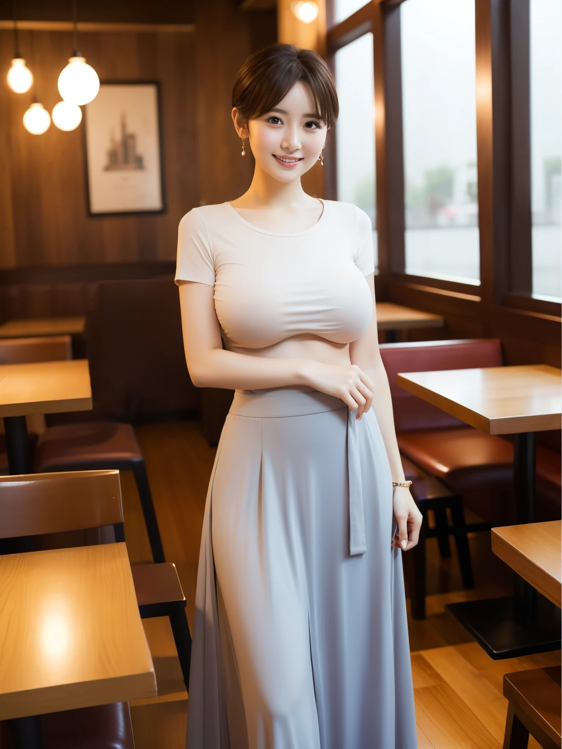 ((Best Quality))、photograph、reality、High resolution、Very detailed、Married women、Delicate features、Short Hair、Realistic background and accessories、Smile、Tight T-shirt、((Heavy, saggy soft breasts))、Walking in a restaurant、Long skirt、Wide angle、whole body、Mature、Tall、Long legs、