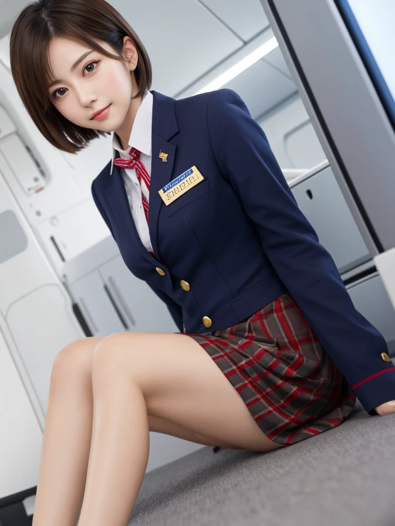 (NSFW), 1womanl, Solo, 24 year old, 7headed body, (cute face), (Ideal ratio body proportions), Inside a passenger aircraft, Stewardess uniform, (((Sitting on legs with bent knees))), (((Spread legs))), (((Open your crotch wide))), ((Wear your upper body securely)), ((a miniskirt)), ((Panties with a small area)), ((Crouch Panty Shot)), ((Show off your panties to the camera)), Smiling smile, erectile nipple, Sexy body, Wet, short-hair, Dark hair, small tits, A slender, Small buttocks, beauty legs, Skinny Legs, surrealism, Cinematic lighting, depth of fields, One-person viewpoint, F/1.8, 135 mm, nffsw, masutepiece, ccurate, ((Anatomically correct)), Textured skin, Super Detail, high details, High quality, awardwinning, Best Quality, hight resolution, 8K