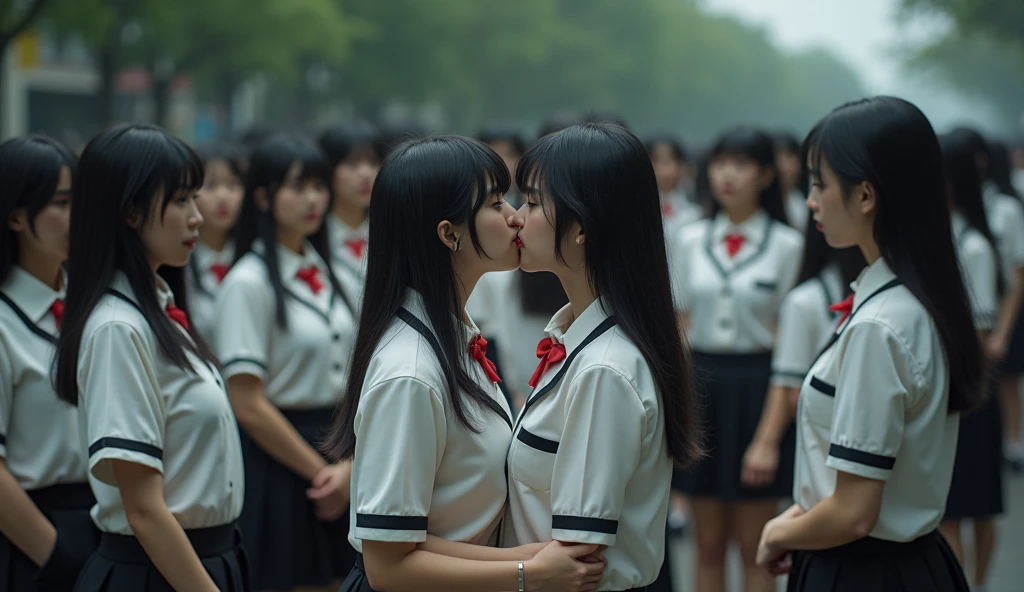 three girls, masterpiece,best qualtiy,hdr, hyper HD, 8K,Bokeh,Ultra-fine painting,Sharp focus,Physically-based rendering,Extreme detail description,portraitures,full-body photo,back turned at viewer, (long bob_cut hair), Sexy smile, choker, (school girl uniform with micro skirt and open shirt:1.2), (in sunset light:1.2), (kissing:1.3), perfect eyes, perfect hands, perfect body, perfect hair, (Big breasts:1.4), (EOS R8, 50 millimeters, F1.2, 8K, RAW photo:1.2), photograph by arny freytag