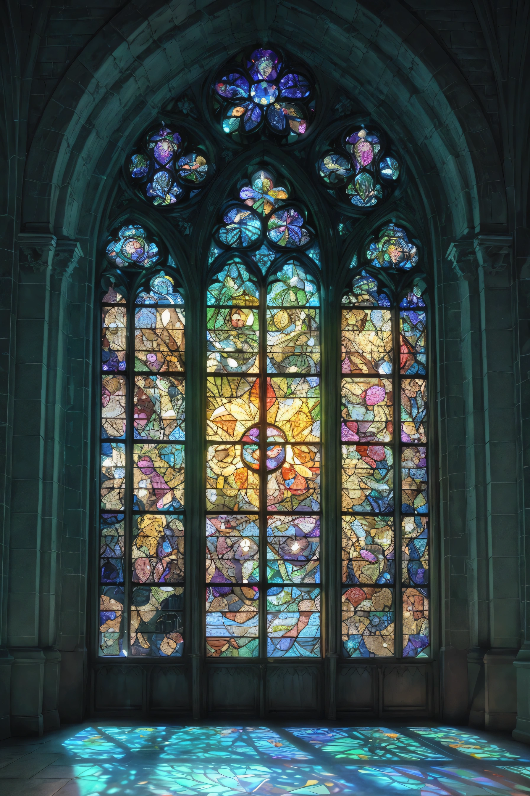 Close-up of stained glass windows of buildings at night, blue light and shadow reflected by glass, Gothic stained glass style, exquisite carved columns, Gothic columns, church walls, more wall texture details, mysterious cathedral windows, stained glass windows, glowing stained glass background, complex stained glass, blue dim lights at night, weak moonlight, moonlight through glass, UE5 rendering, 3D rendering, realistic light and shadow, movie-level light and shadow, rich object details