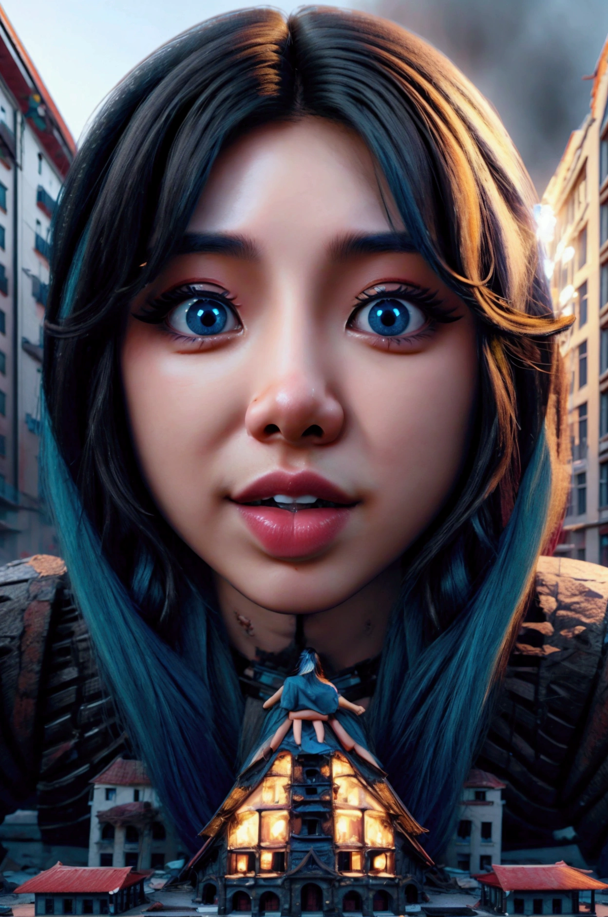 a beautiful Asian girl with blue curly hair and blue eyes devouring a man and destroying a city