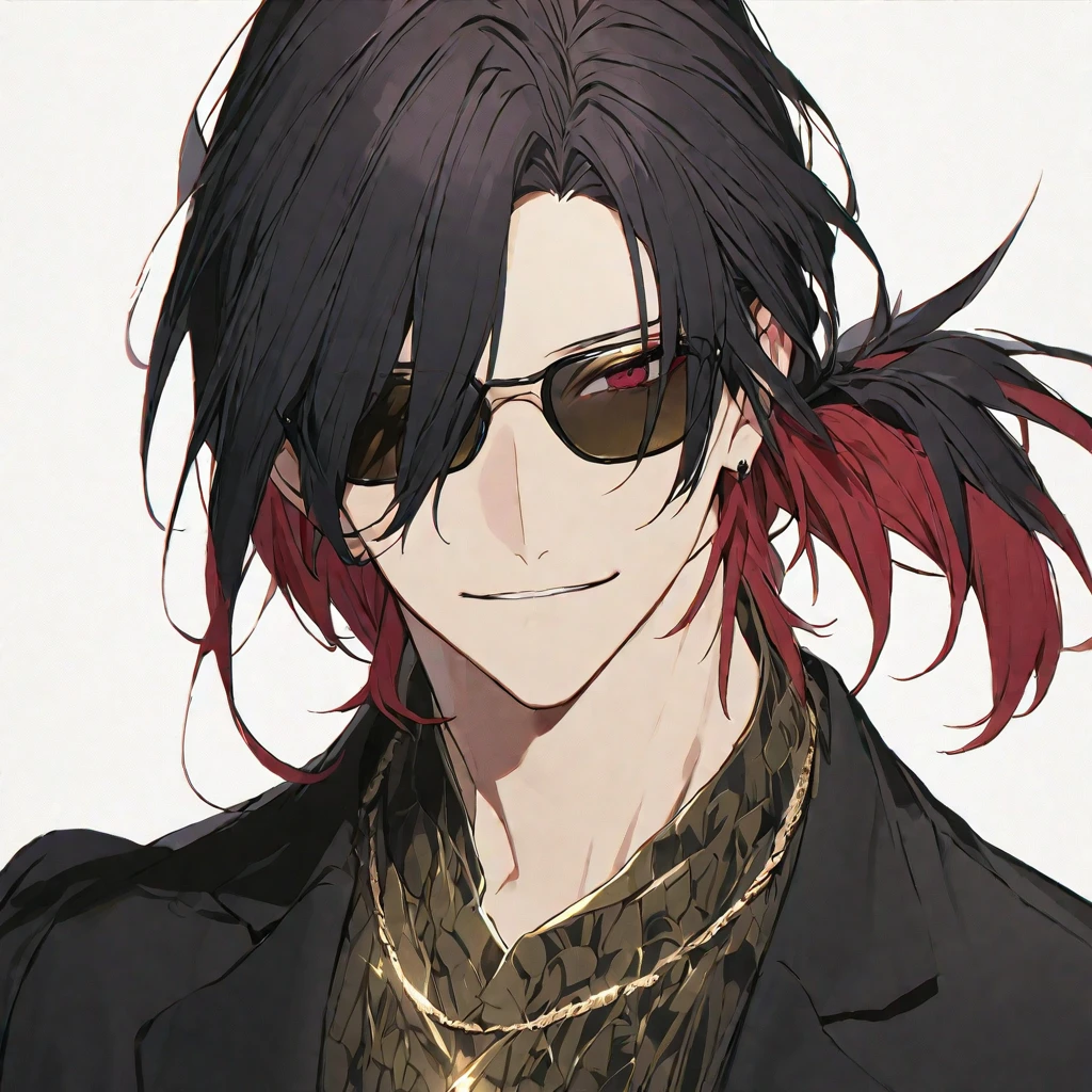 Alone,good looking, Monotony,good looking,
1. male,
bangs,Straight Hair,Bob Hair, ponytail,
Black Hair, Redhead inner hair,
Satoru Gojo,A neat face,
Red eyes,Soft impression,
beautiful,sexy,darkness,Gold Necklace,
Black suit,Hitman,sunglasses,oversized black trousers,smile,
Pure white background ,High resolution,Front,Face close-up,Alone, Long Hair, 