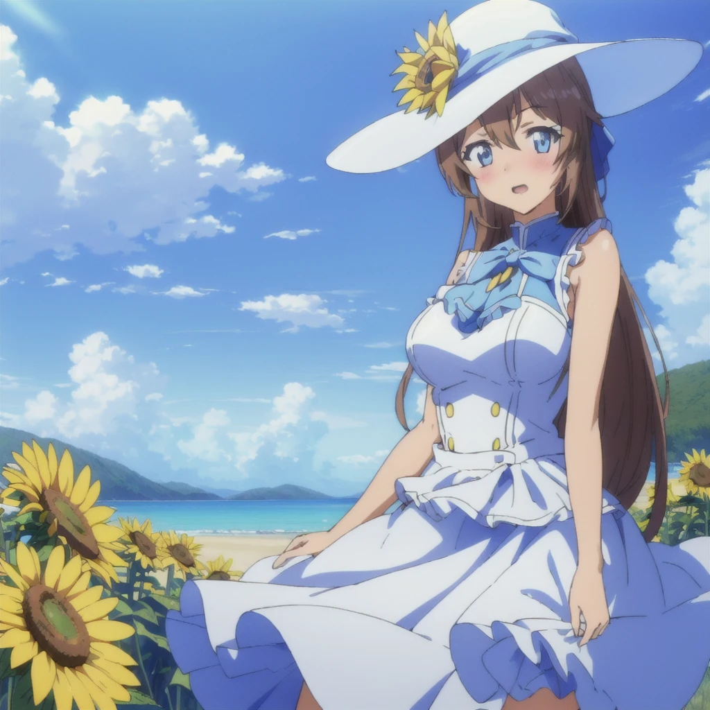 (best quality),(masterpiece),(ultra detailed),(highres),production art,1girl, solo, dress, hat, suomi (girls' frontline), blue eyes, brown hair, long hair, flower, sky, white dress, hair ornament, blue sky, cloud, breasts, bangs, outdoors, blush, sunflower, looking at viewer, day, frills, sun hat, sleeveless dress, ribbon, water drop, wind, hand on headwear, medium breasts, frilled dress, sleeveless, bare shoulders, bow,  username, arm up, open mouth, standing,