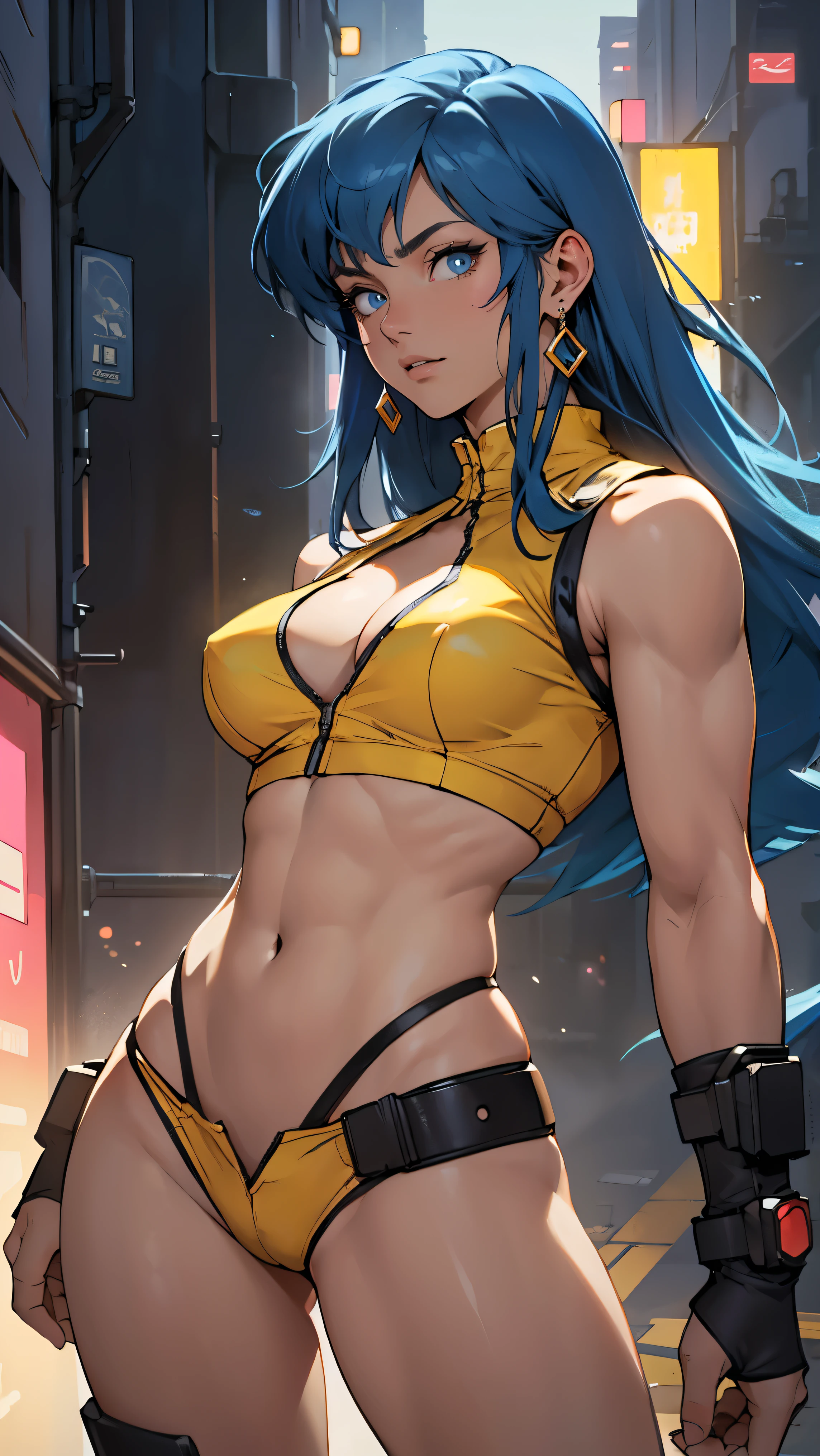 ((Masterpiece, highest quality; 1.3)), super quality, beautiful detail, super detailed, extra fine, 16K, exquisite, absurd, high resolution, beautiful background, detailed background, beautiful eyes, beautiful skin, anime style, dirtypairyuri, Dirty Pair Yuri in a skimpy white outfit, long blue hair, blue eyes, earrings, yellow uniform, yellow crop top, cutout, sleeveless, wearing tight clothing, skimpy, (breasts: 1.2), cleavage, cleavage, , obliques, muscular biceps, slim waist, slim thighs, thigh gap, showing stomach, skinny, thin hips, cyberpunk city background, holding a retro space gun