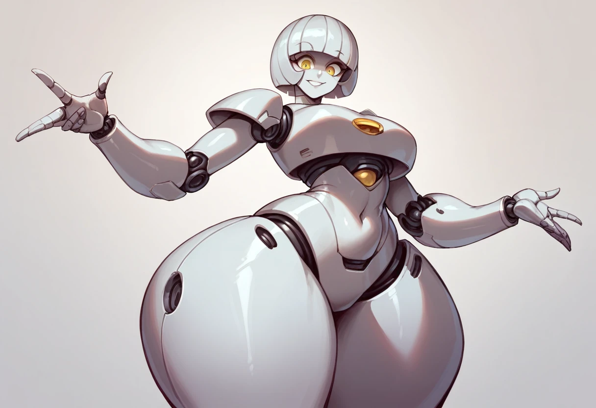 Masterpiece,best quality,high resolution, 1 girl,silver body, yellow eyes,short hair , smiling, looking down at viewer,huge hips,huge thighs, gigantic calves, gigantic love handles, small upper body,Robot Girl,RobotGirl