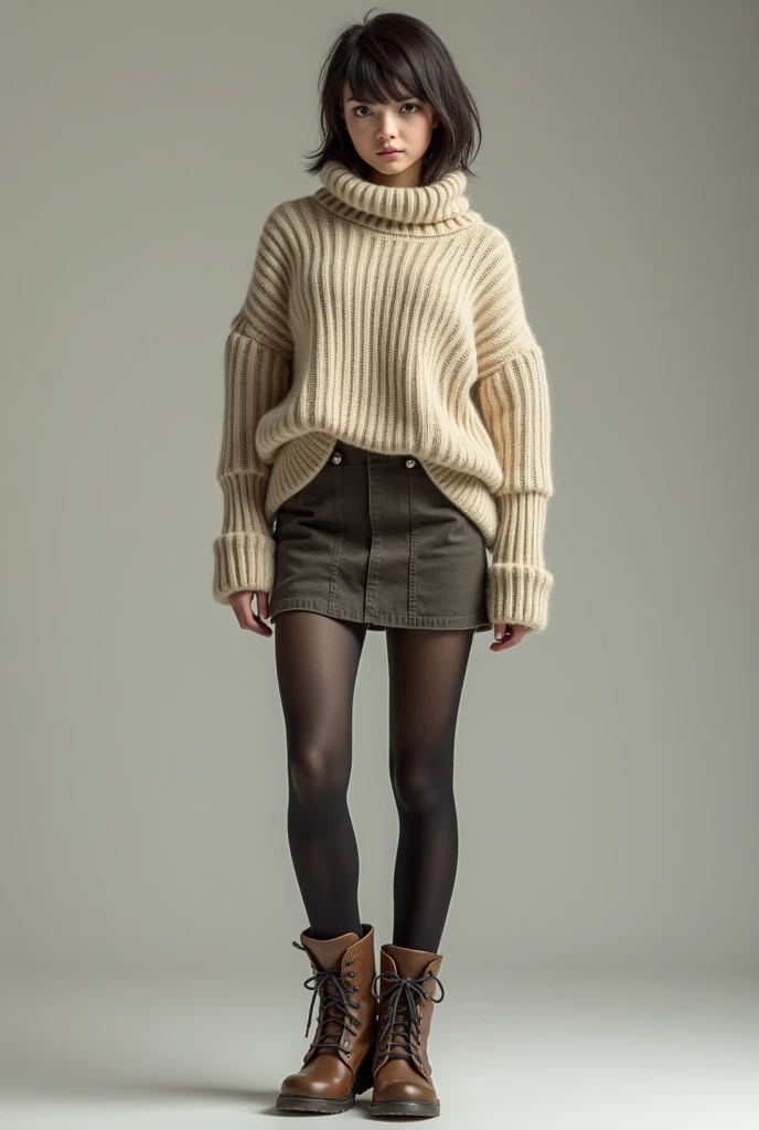  brown hair color、short hair、hair pulled back、ponytail、cute face、 she wears a turtleneck and a skirt.、she has blue eyes、black pantyhose、standing infront of a chair、wearing black knee high boots、adult german woman、full body portrait、indoor.、
